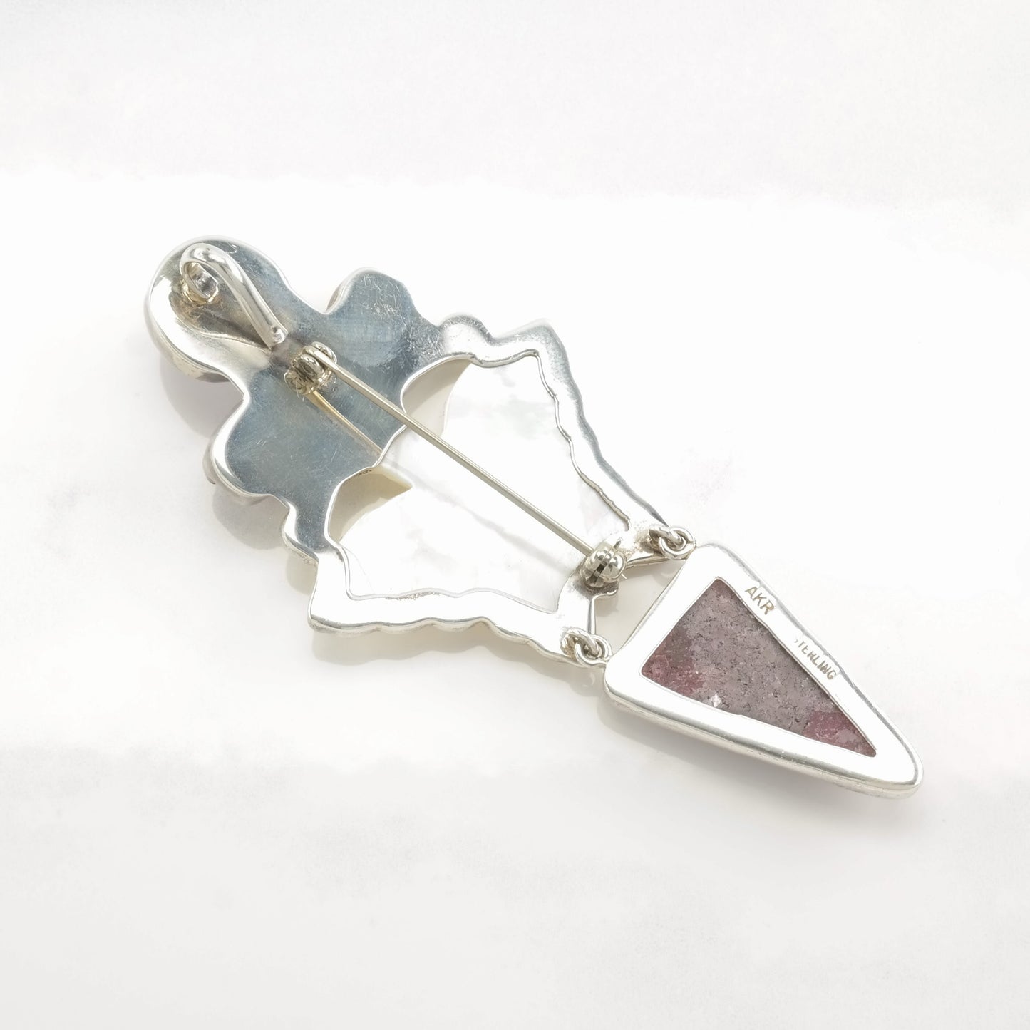 Vintage AKR Sterling Silver, Carved Mother-of-Pearl Butterfly, Sugilite, and Freshwater Pearl Pendant, Designer Signed, Statement Pendant