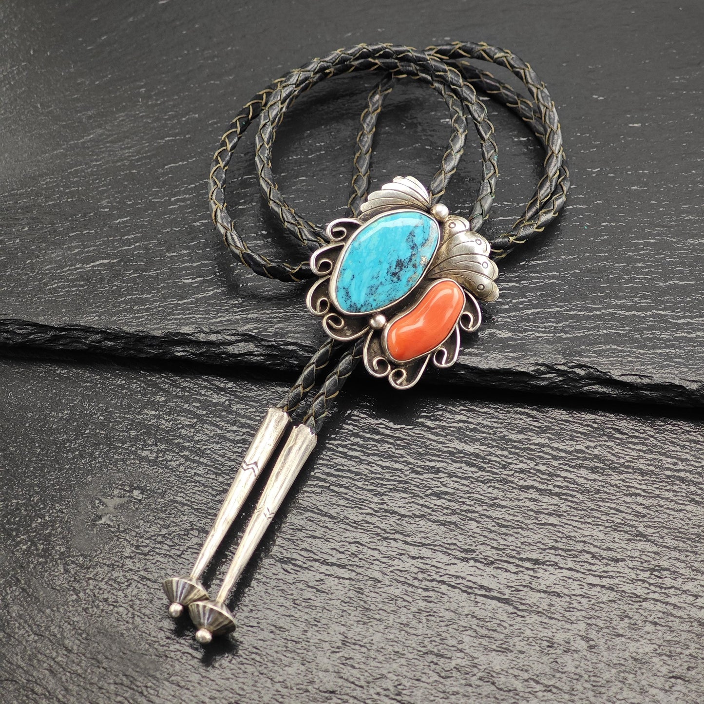 Native American Bolo Tie Necklace with Blue Turquoise, Red Coral Floral Design Sterling Silver