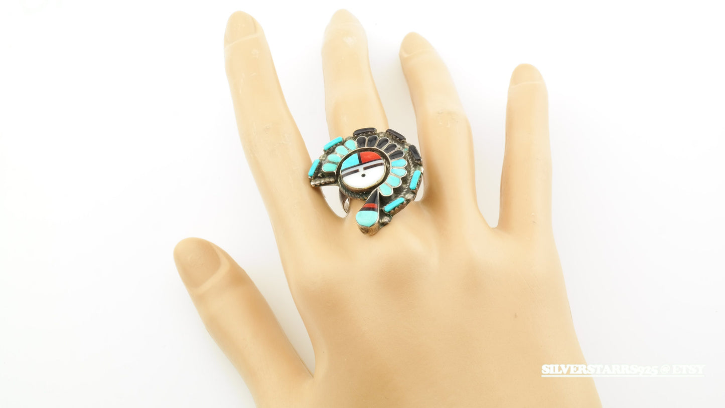 Vintage Zuni Sterling Silver Ring Size 8.25 Blue, White, Red, Black Turquoise Inlay