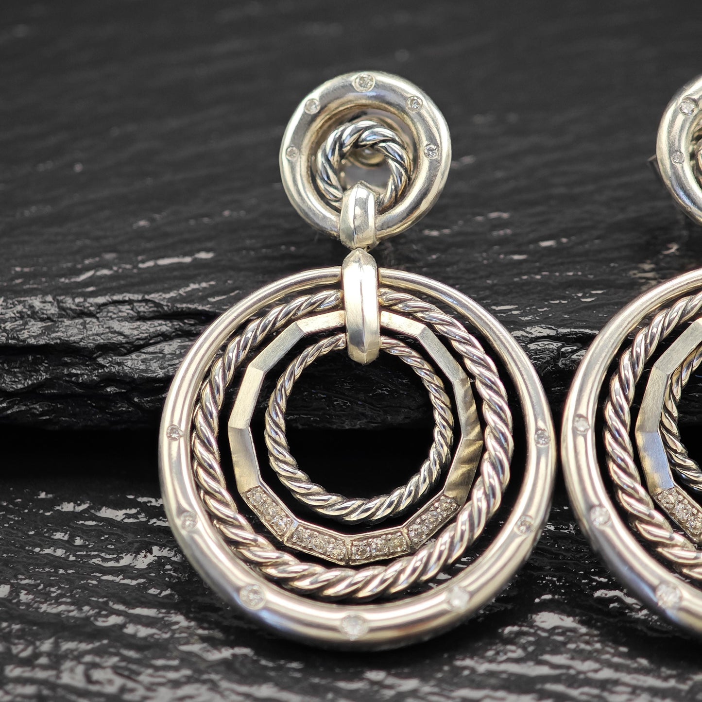 David Yurman Diamonds Stax, 14k Gold Posts Stud/Dangle Earrings Sterling Silver