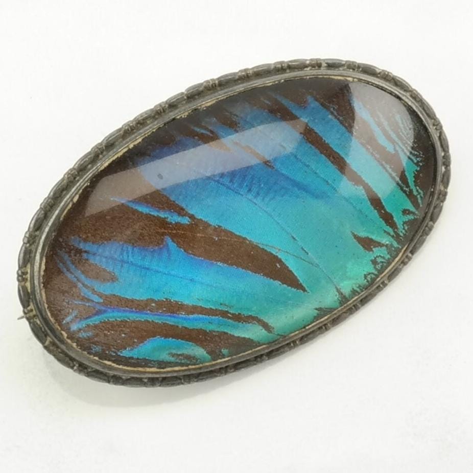 Vintage England Sterling Silver Brooch Oval Iridescent Butterfly