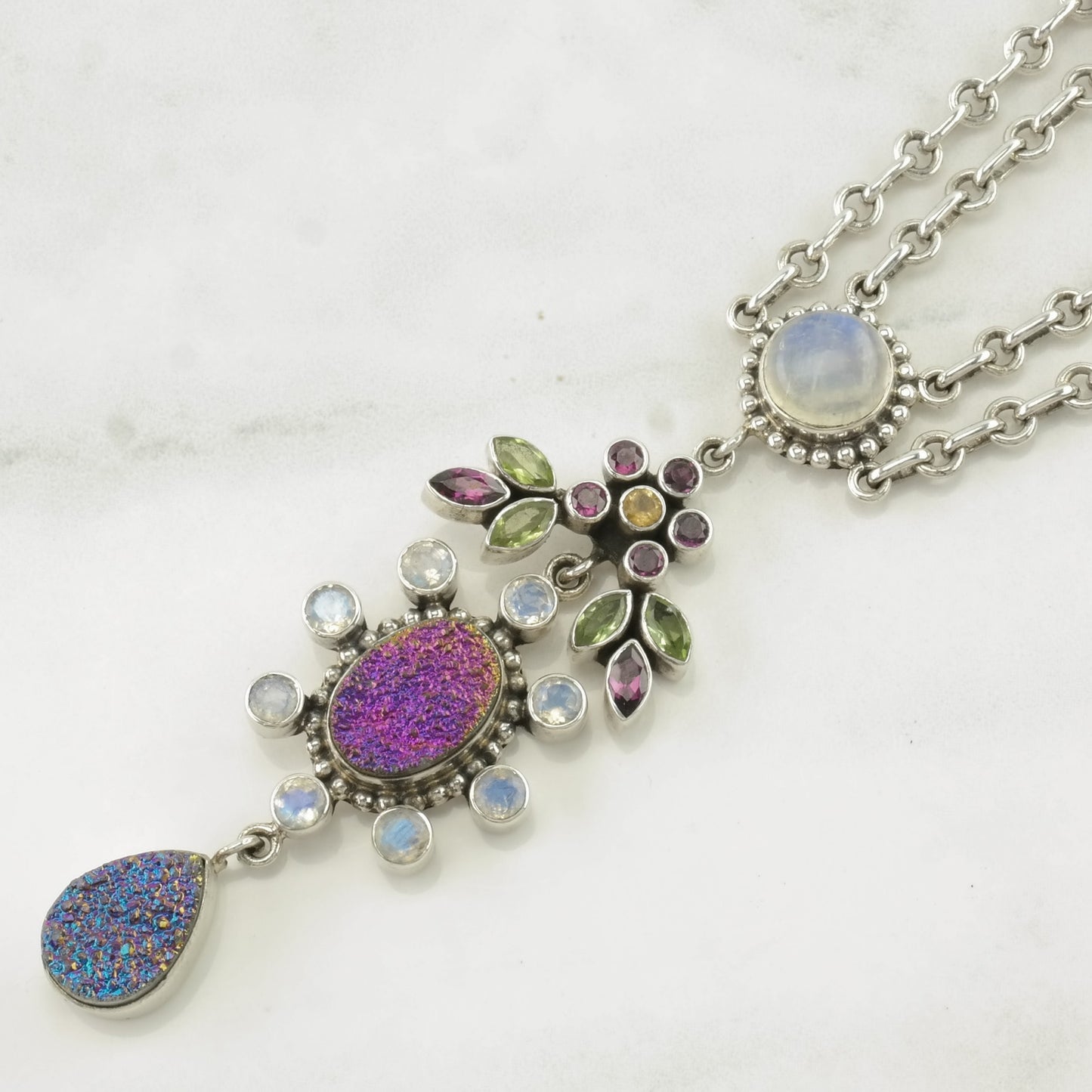 Nicky Butler Sterling Silver Rainbow Pink Moonstone Gemstone Floral Cluster Teardrop Necklace