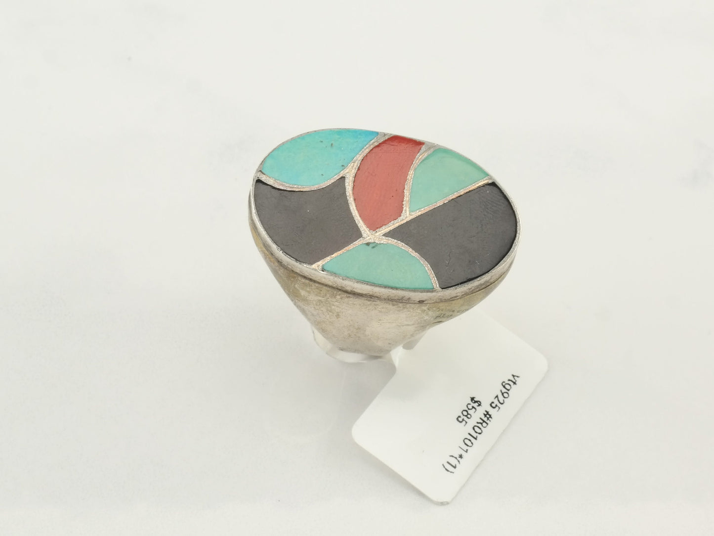 Vintage Native American Silver Ring Turquoise Coral Onyx Inlay Sterling Red Green Black Size 10 3/4