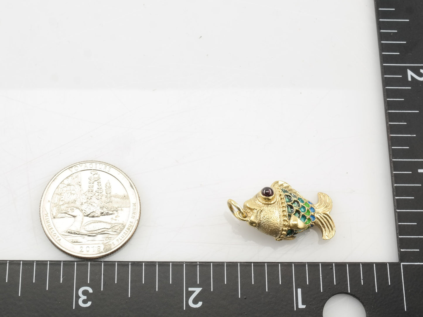 Vintage Enamel Garnet Faberge Style Fish Sterling Silver Pendant