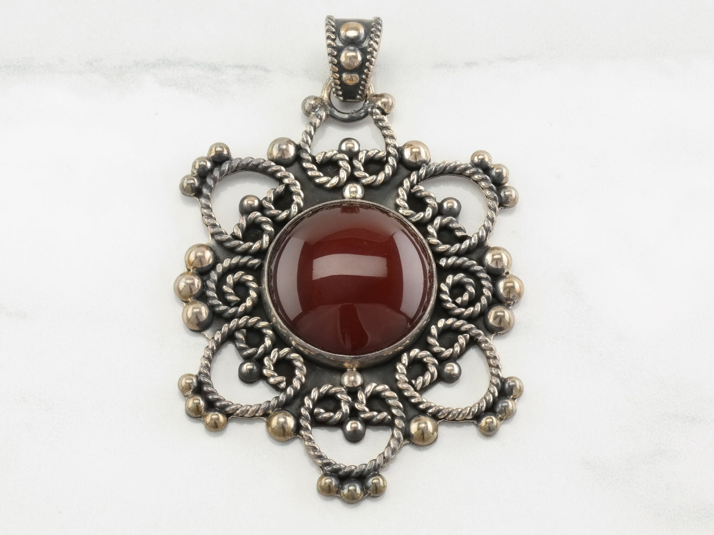 Sterling Silver Carnelian Red Beadwork Pendant