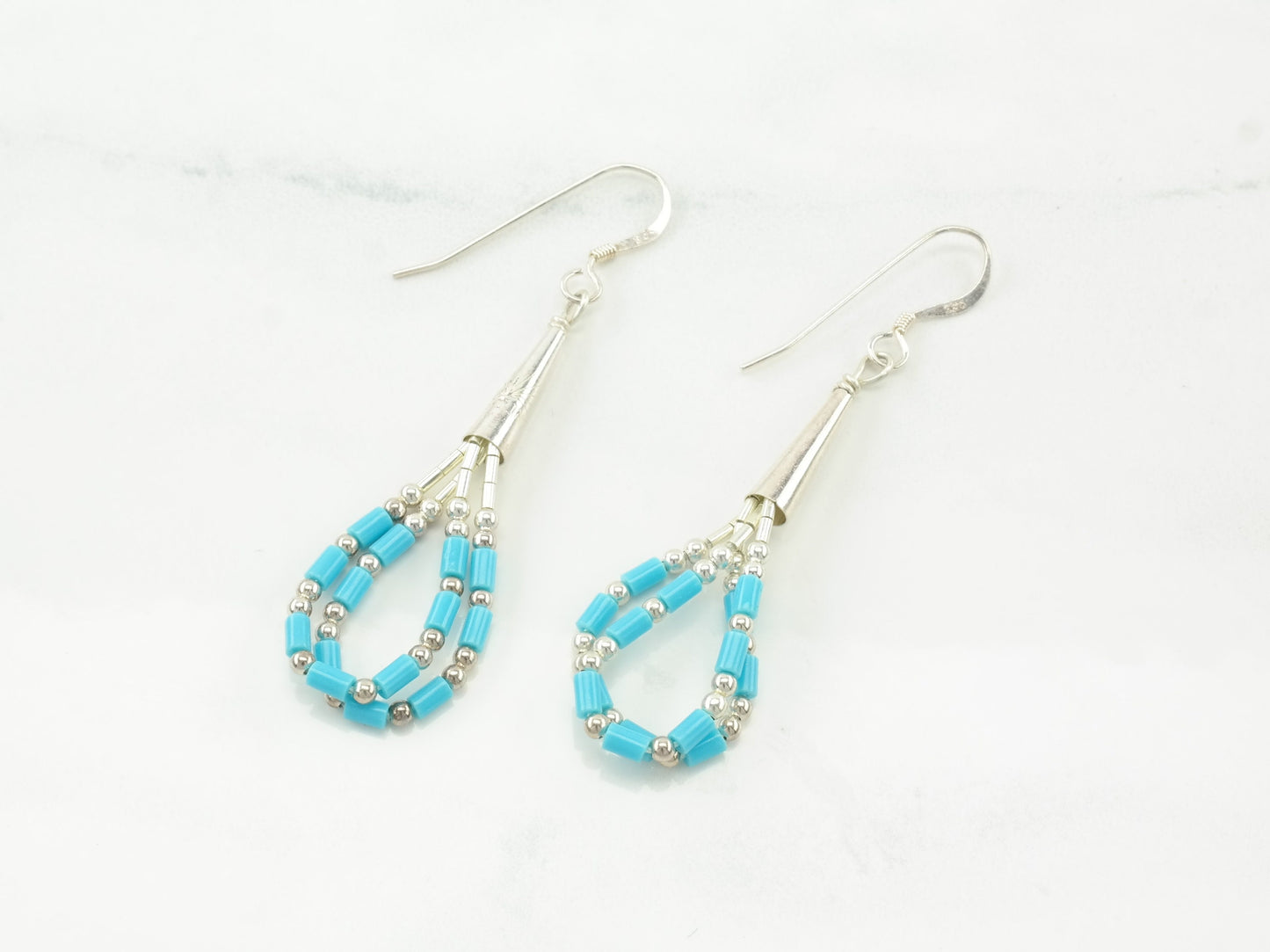 Southwestern Blue Block Liquid Turquoise Bead Earrings Sterling Silver Dangle Fish Hook