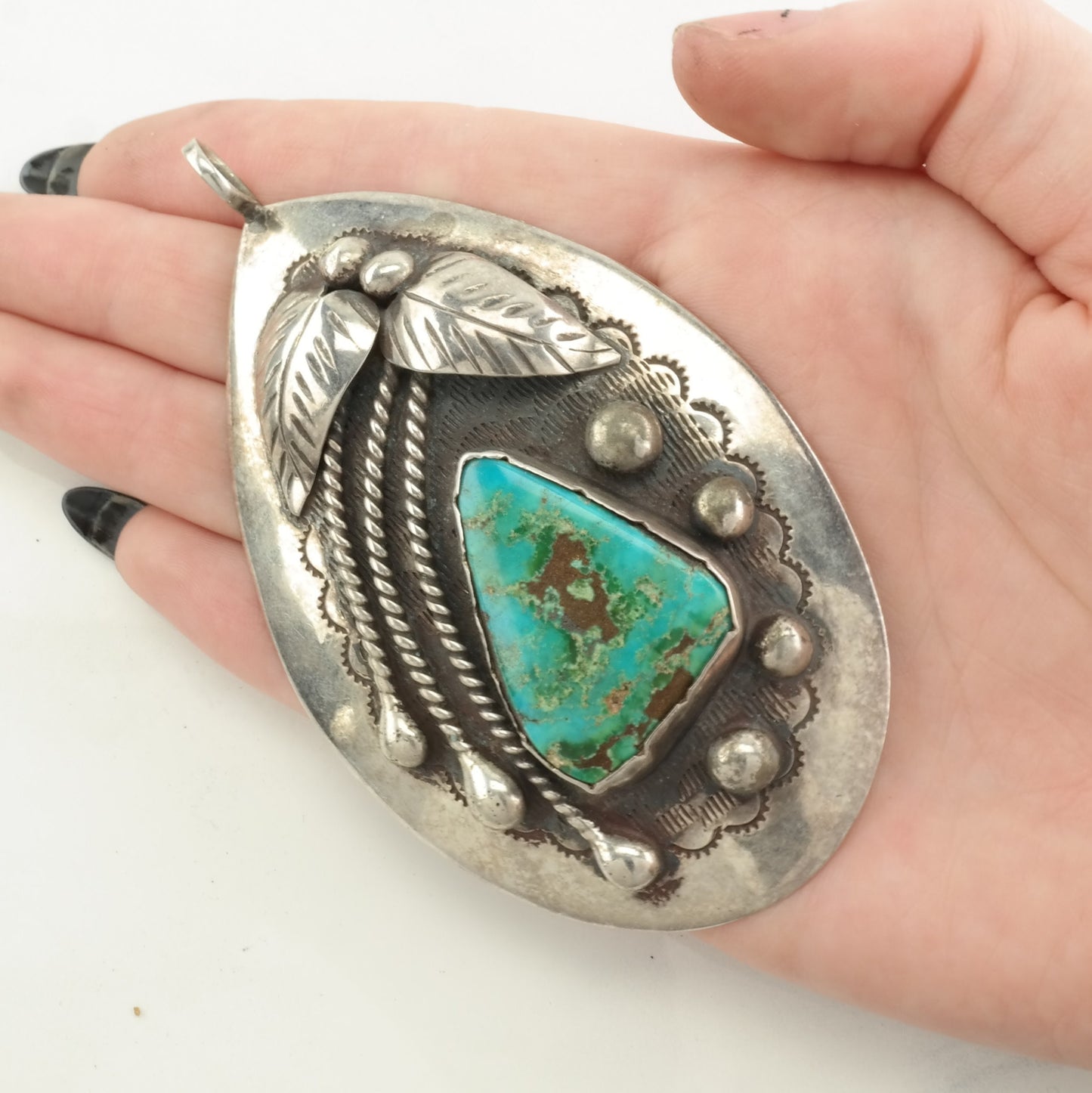 Vintage Native American Turquoise Leaf Sterling Silver Pendant