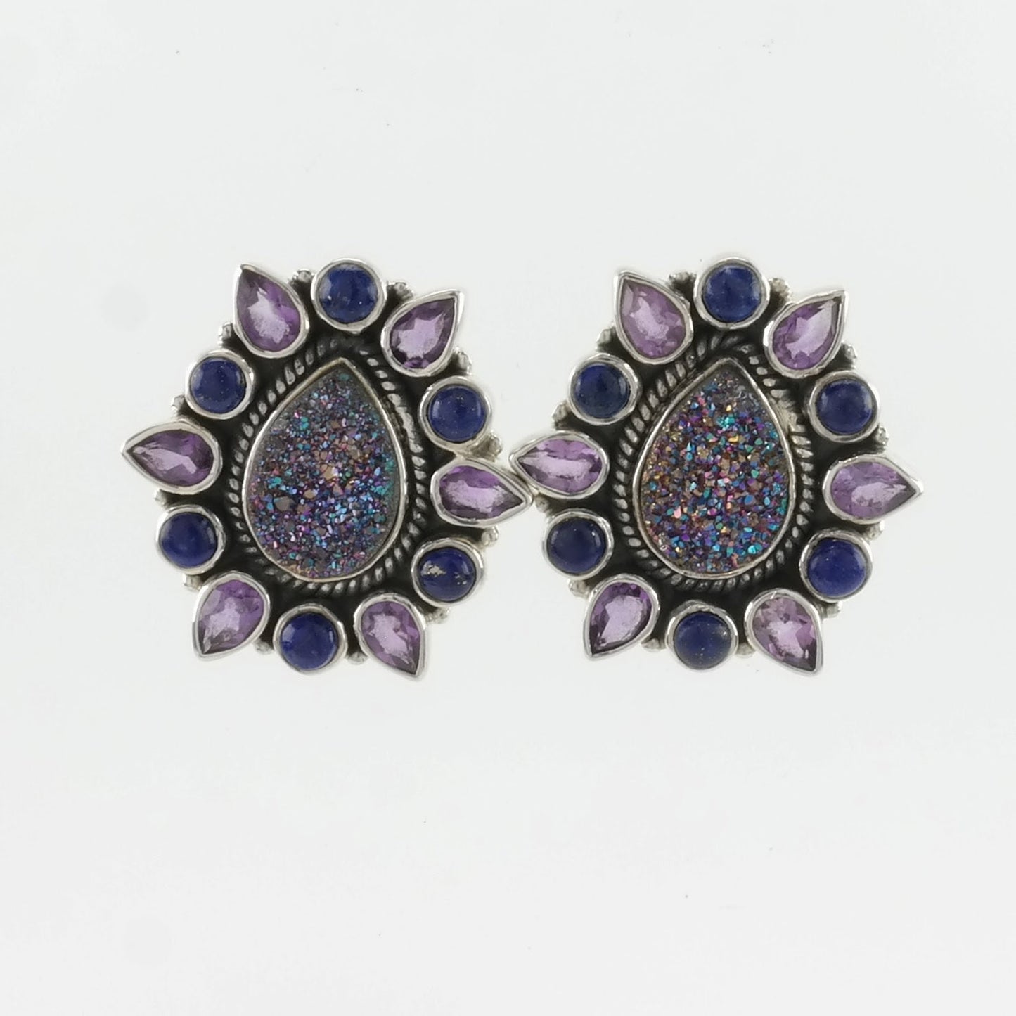 Vintage Sterling Silver Stud Earrings Purple, Blue Druzy, Amethyst, Lapis Lazuli Cluster