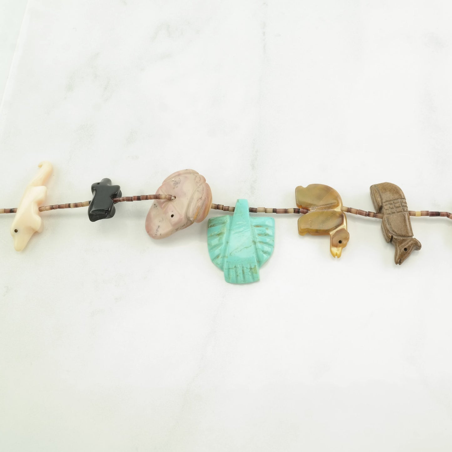 Vintage Southwest Sterling Silver Turquoise, MOP, Lapis Lazuli Animal, Heishi Necklace