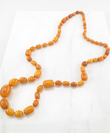 45gm Antique Butterscotch Amber 14K Gold Beaded Necklace