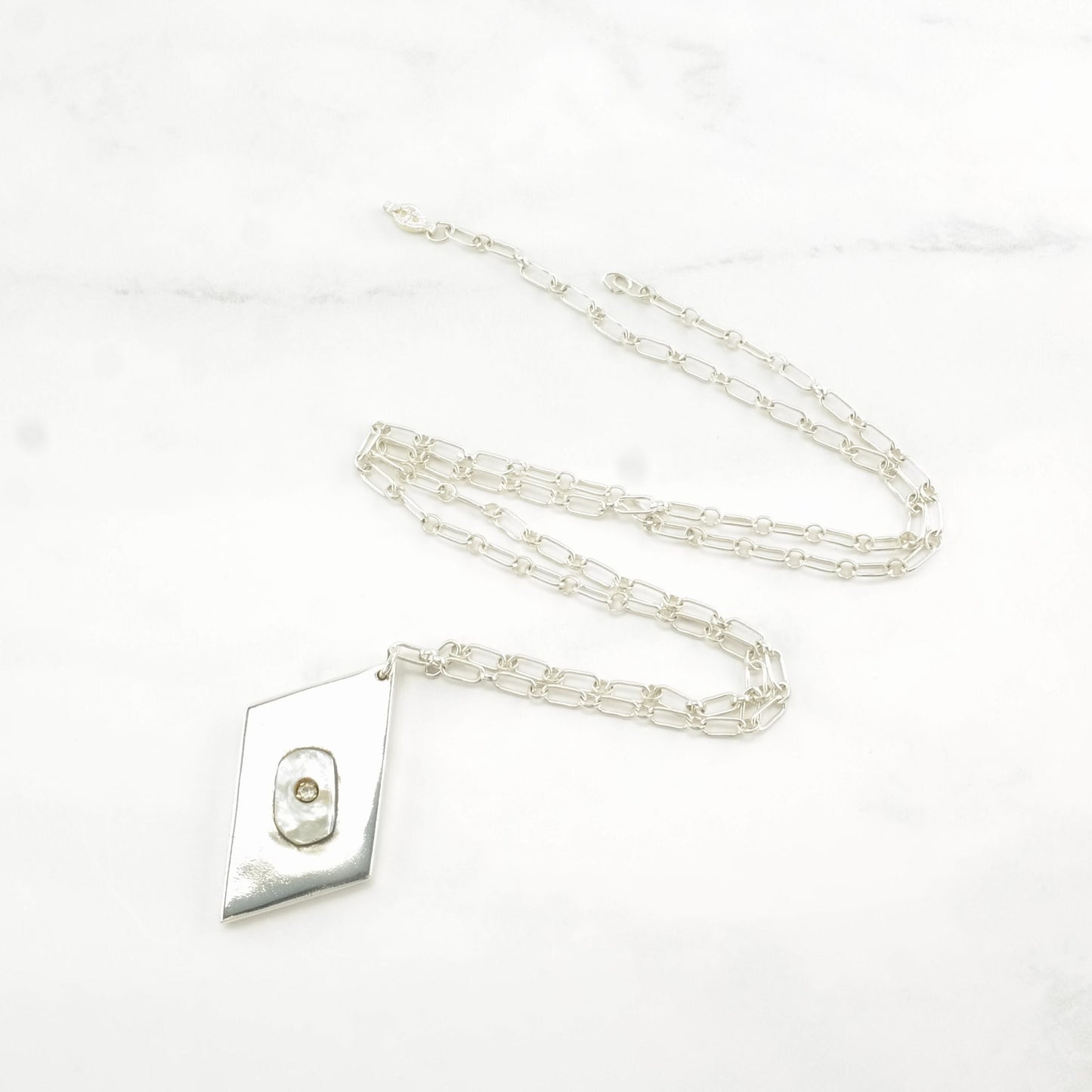 Christin Wolf Necklace | Sterling Silver & Mother of Pearl Pendant | Diamond Accent | Modernist Jewelry | 1990s