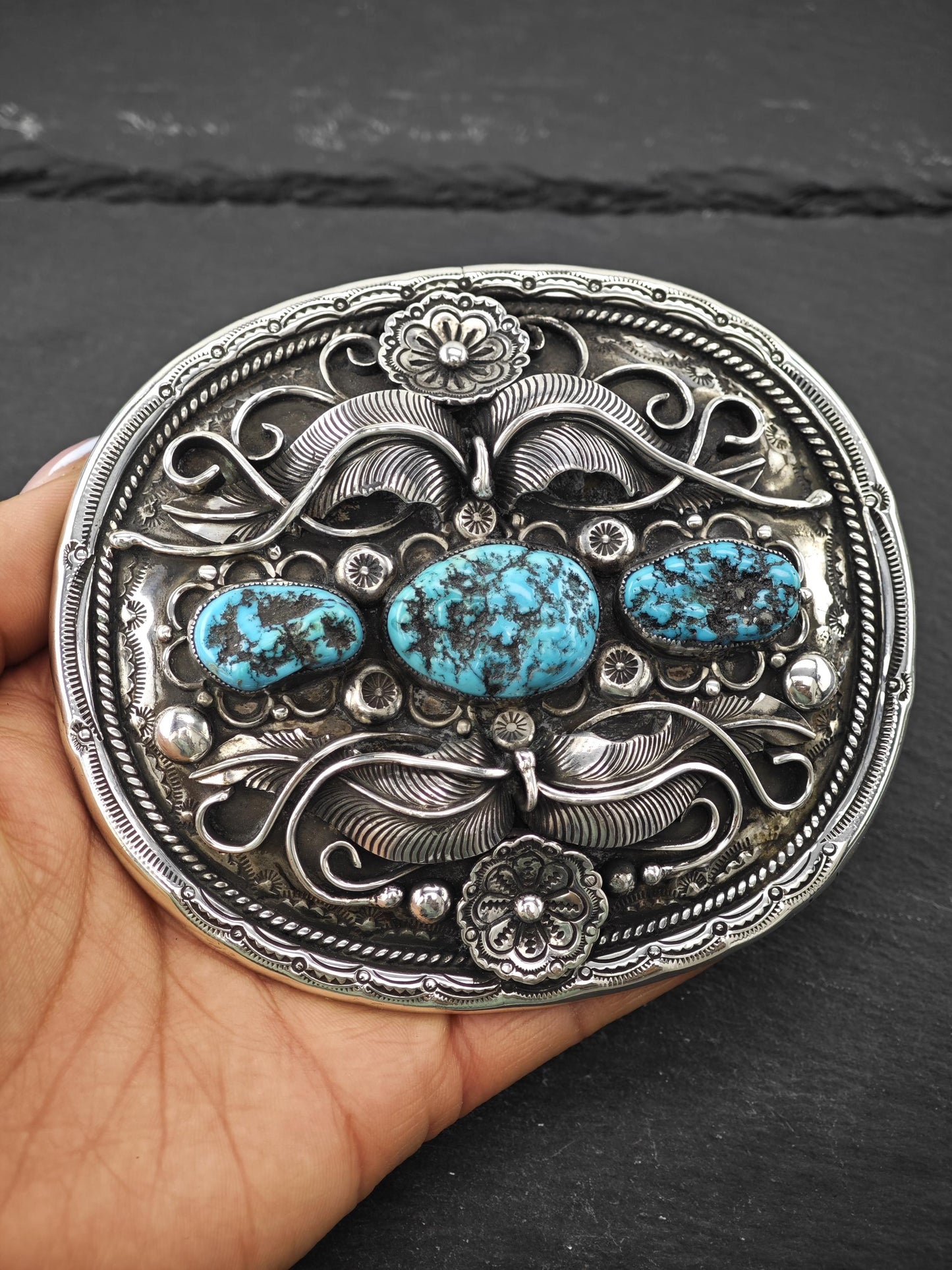 Native American Large Turquoise Belt Buckle Sterling Silver