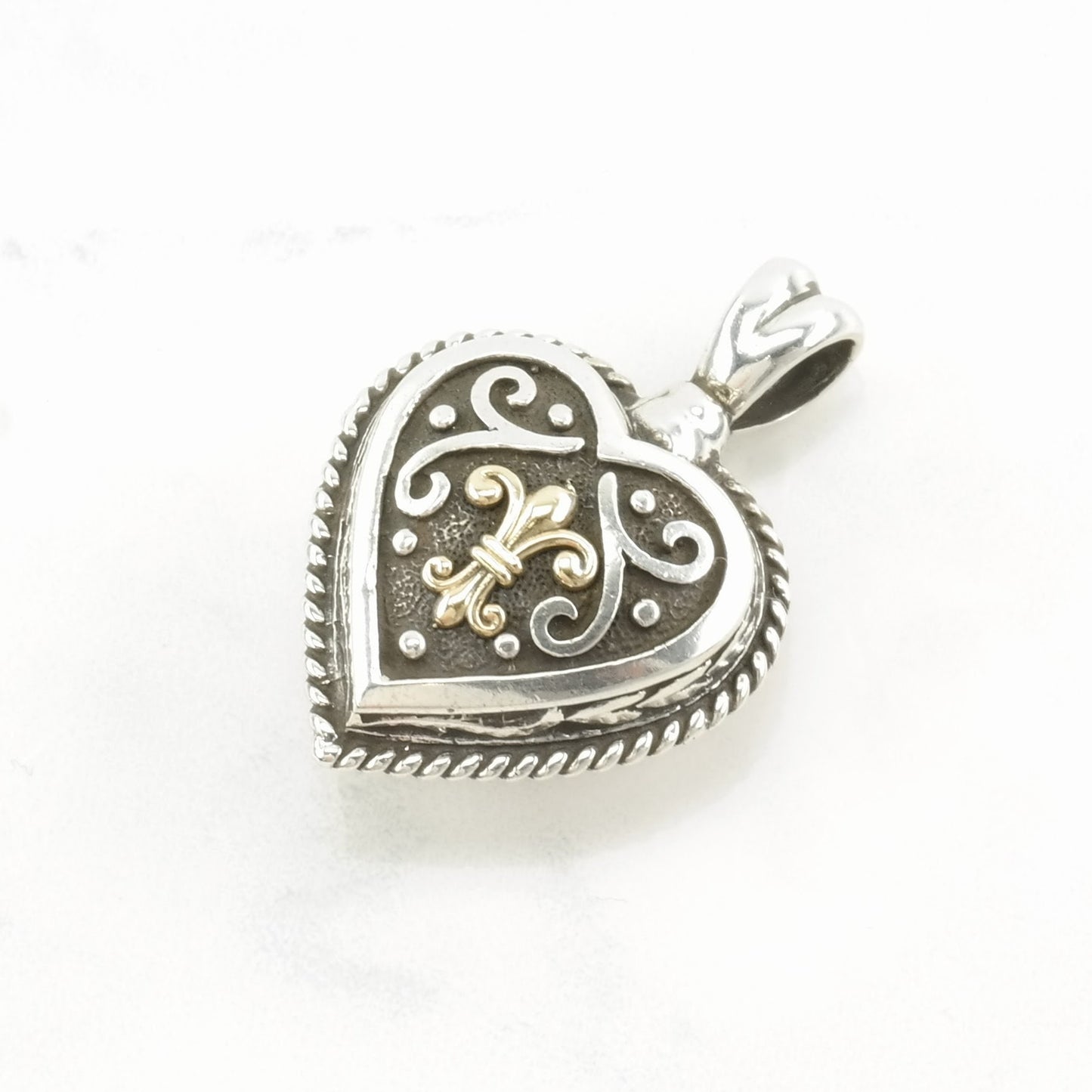 Vintage Fleur De Lis, Heart 14K Gold Accents Sterling Silver Pendant