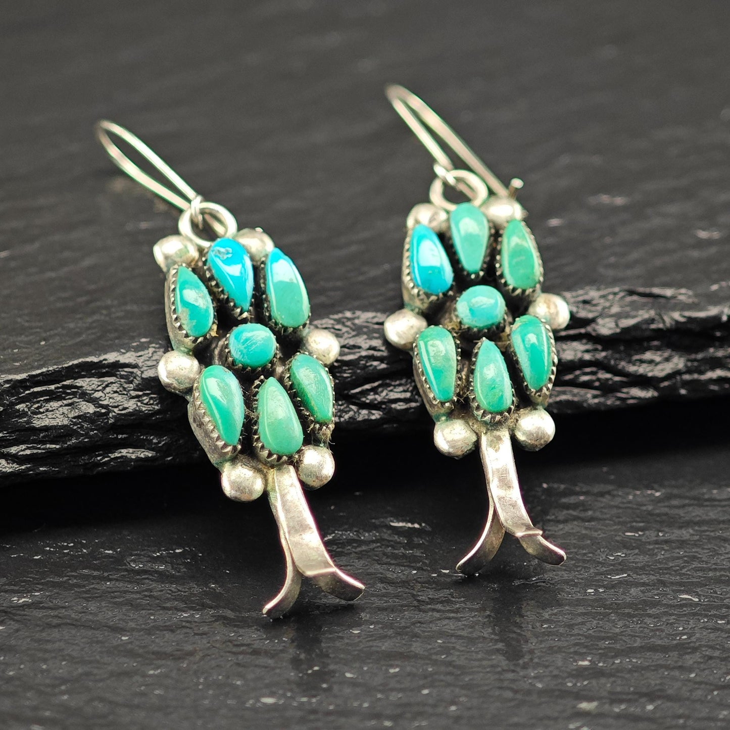 Zuni, Raynold Lonsee Floral Turquoise Kidney Wire Earrings Sterling Silver