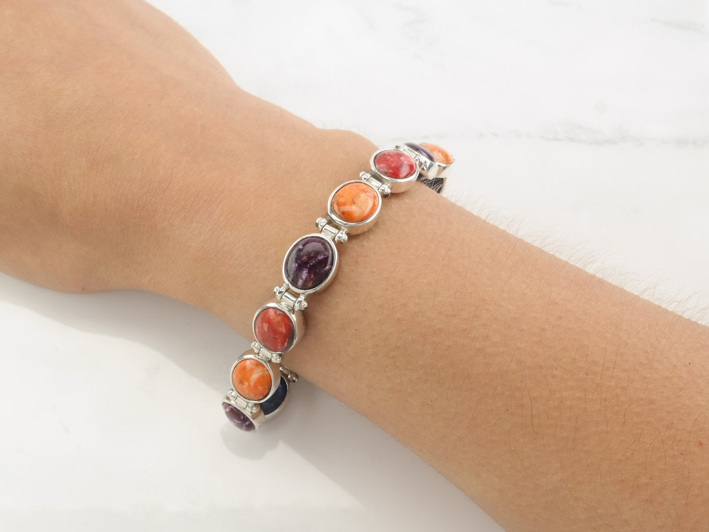 DRT Sterling Silver 6 3/4 Reversible Bracelet, Spiny Oyster, Sapphire, Cabochon