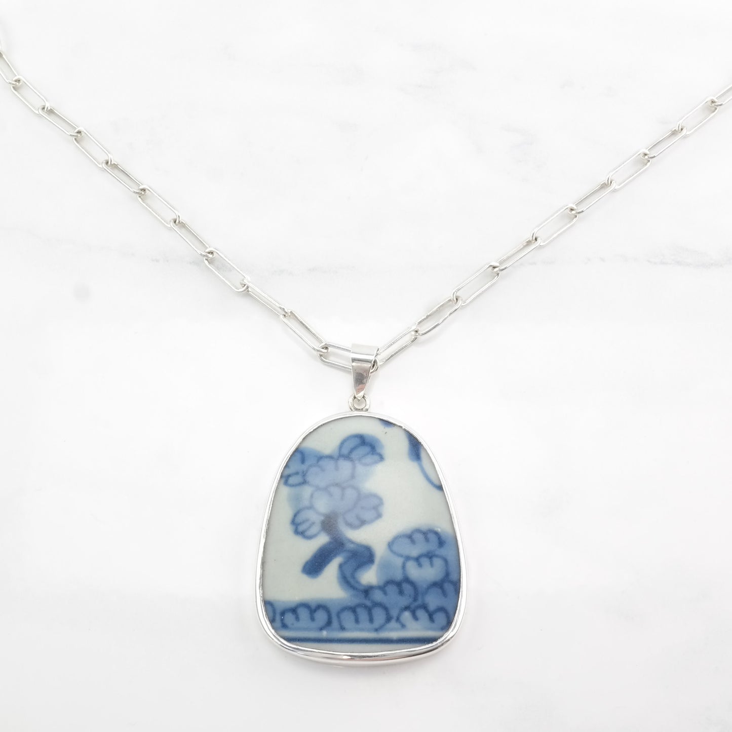 Vintage Chinese Sterling Silver Blue, White Painted Porcelain Trees Necklace