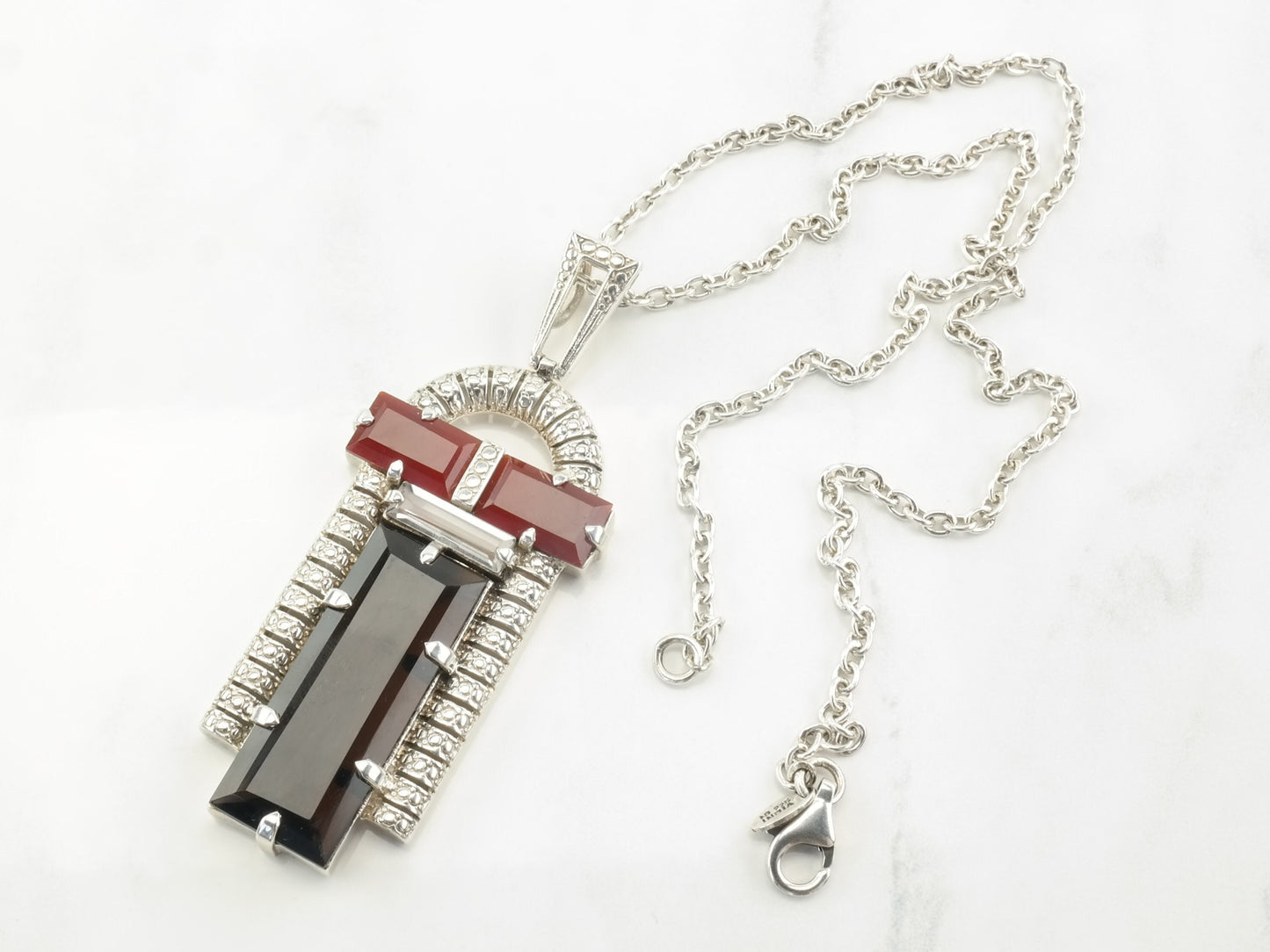 Vintage Nicky Buttler Art Deco Style Sterling Silver Smoky Quartz Carnelian Deco Arch Necklace