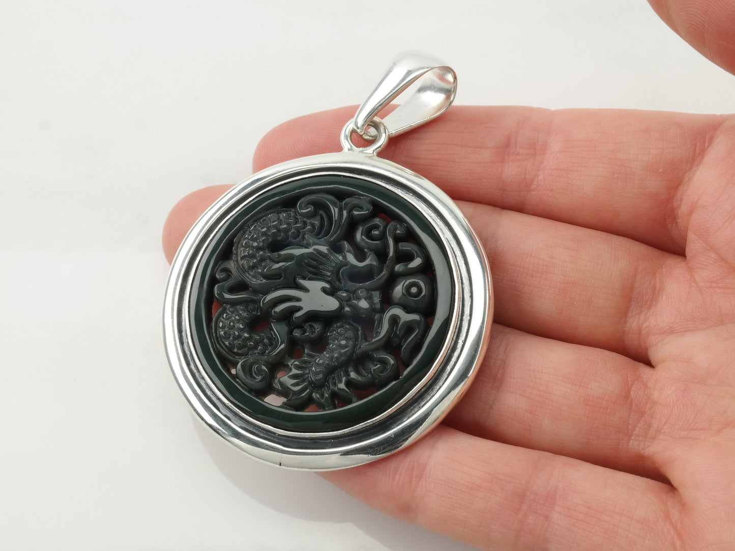 Vintage Carved Gemstone Dragon Sterling Silver Dark Green Pendant