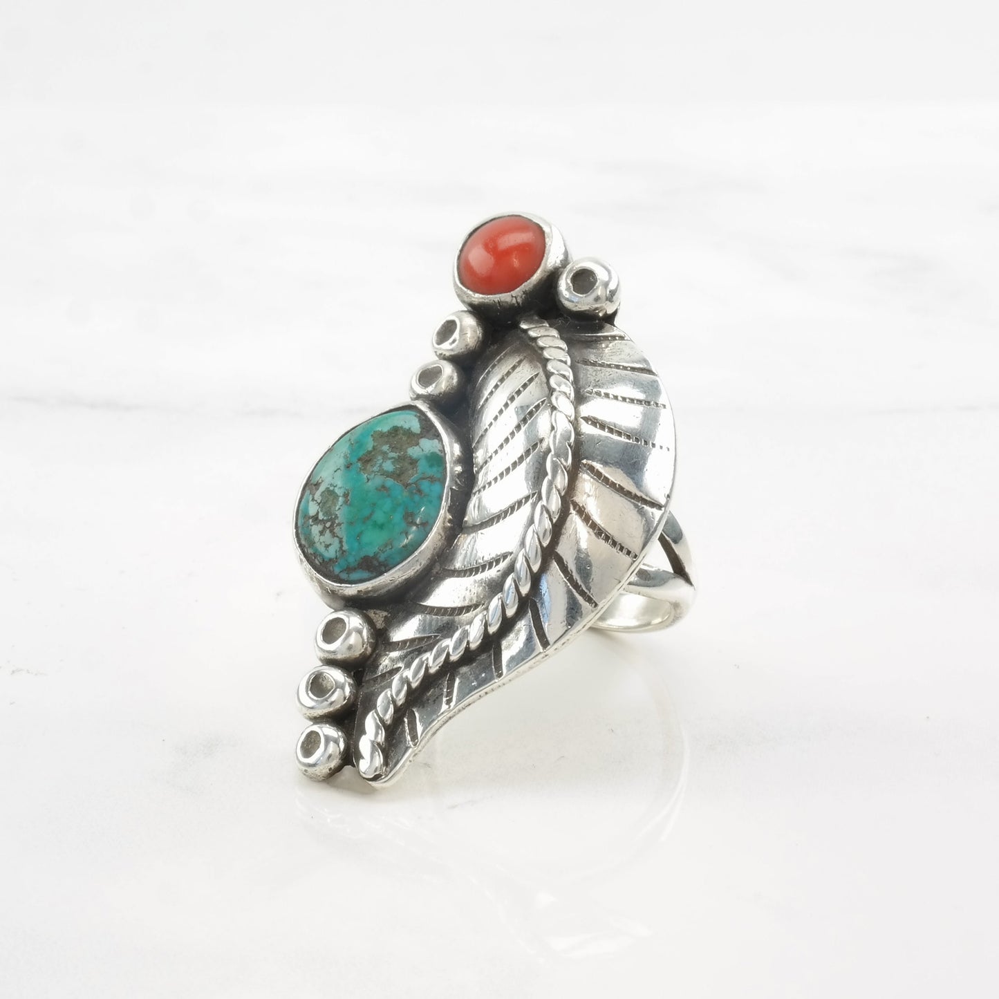 Vintage Native American Ring Turquoise, Coral Feather Sterling Silver Size 7 3/4