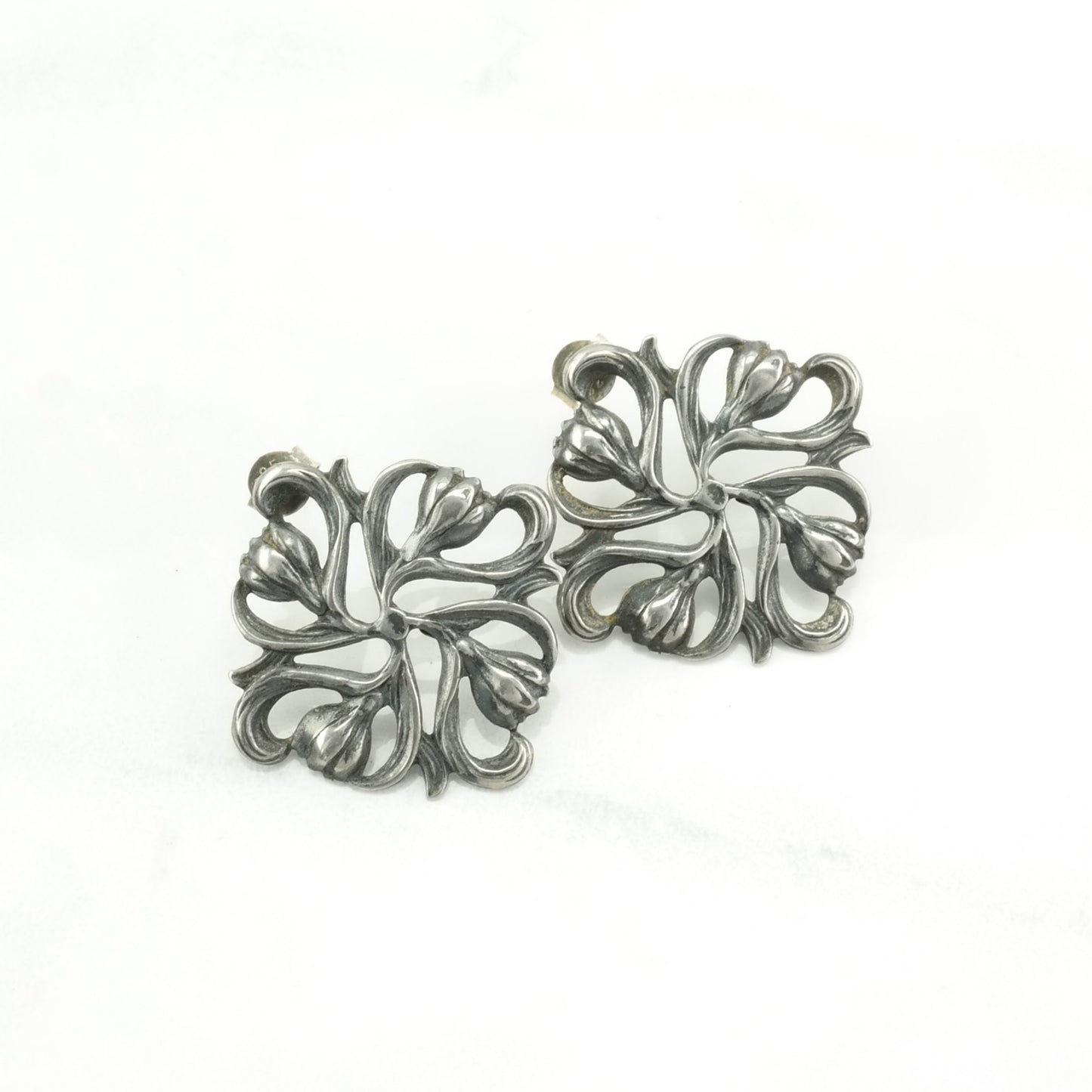 Vintage Sterling Silver Stud Earrings Floral Square