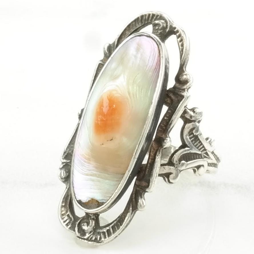 Art Deco Silver Ring Blister Pearl Navette Sterling Size 6