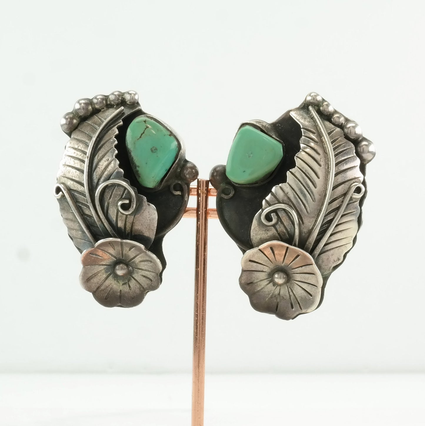 Vintage Southwest Sterling Silver Green Turquoise Flower & Feather Clip-On Earrings, 1 3/4 Inches Long