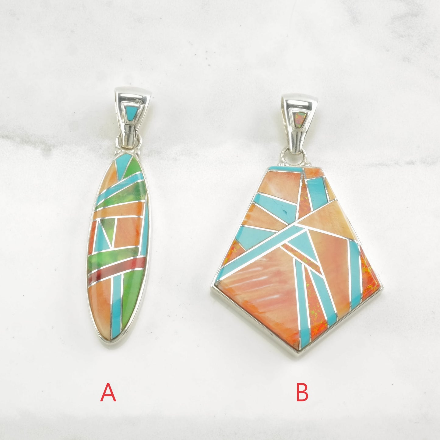 Vintage Southwest Multi Gemstone Inlay, Spiny Oyster Sterling Silver Pendant