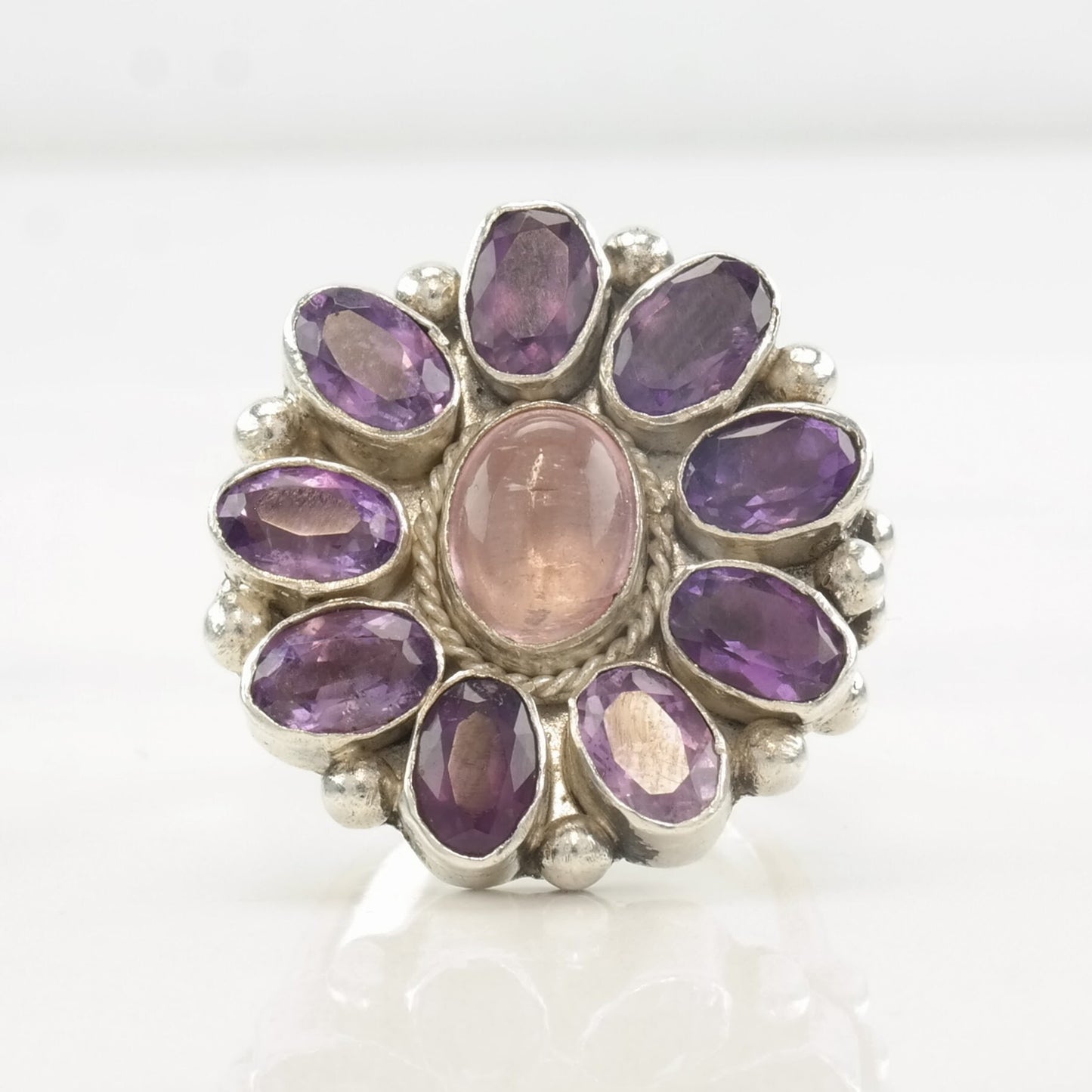 Vintage Sterling Silver Ring Amethyst, Rose Quartz Size 4 3/4