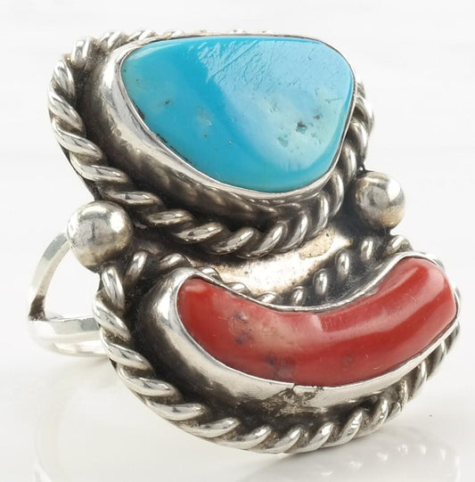 Vintage Native American Ring Turquoise, Coral Sterling Silver Size 6 3/4