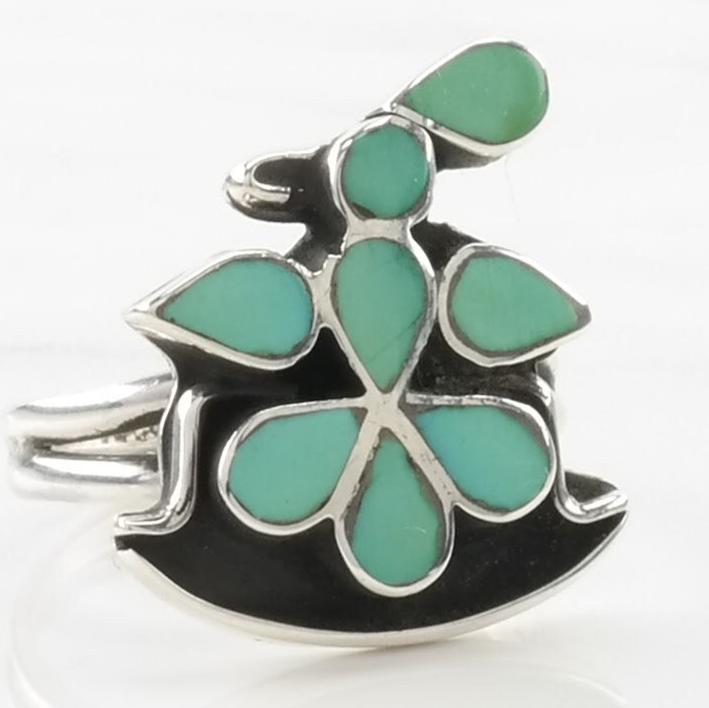 Vintage Native American Silver Ring Turquoise Inlay, Bird Sterling Blue Size 6 1/2
