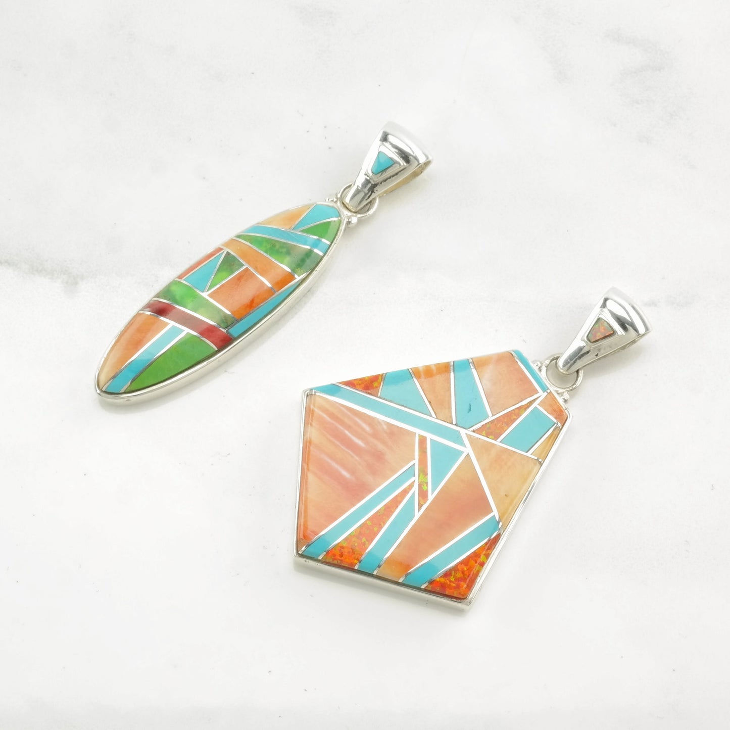 Vintage Southwest Multi Gemstone Inlay, Spiny Oyster Sterling Silver Pendant