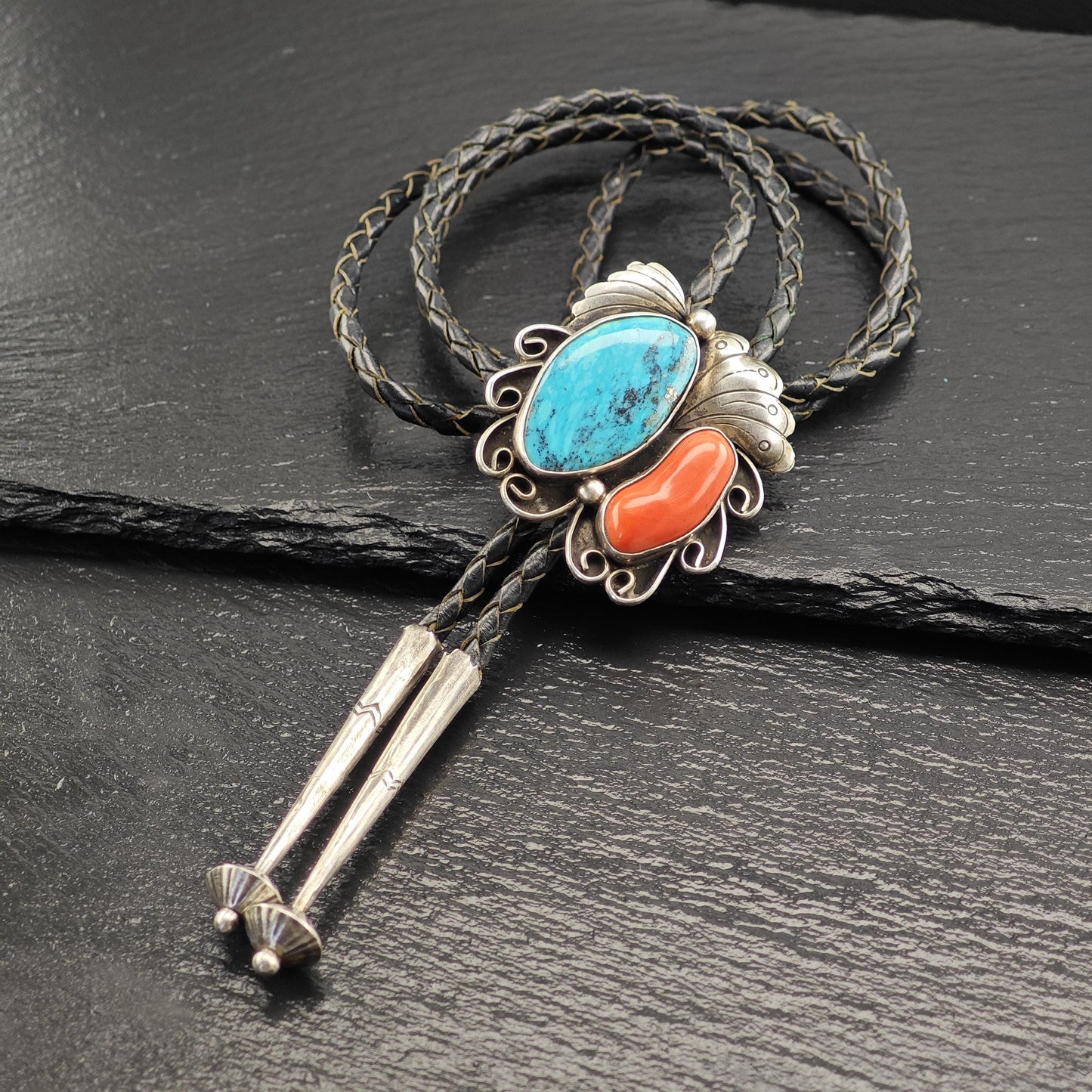 Native American Bolo Tie Necklace with Blue Turquoise, Red Coral Floral Design Sterling Silver