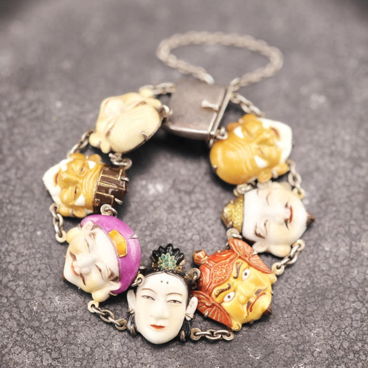 Pristine Japanese Toshikane, 7 Gods of Fortune Bracelet, Porcelain Sterling Silver