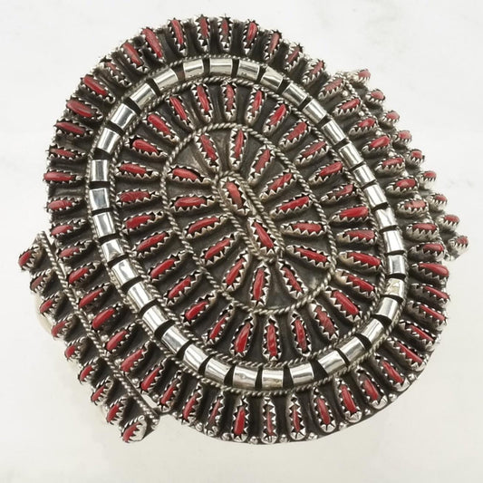 Southwest Sterling Silver Cuff Bracelet Red Created Coral Needlepoint, Floral