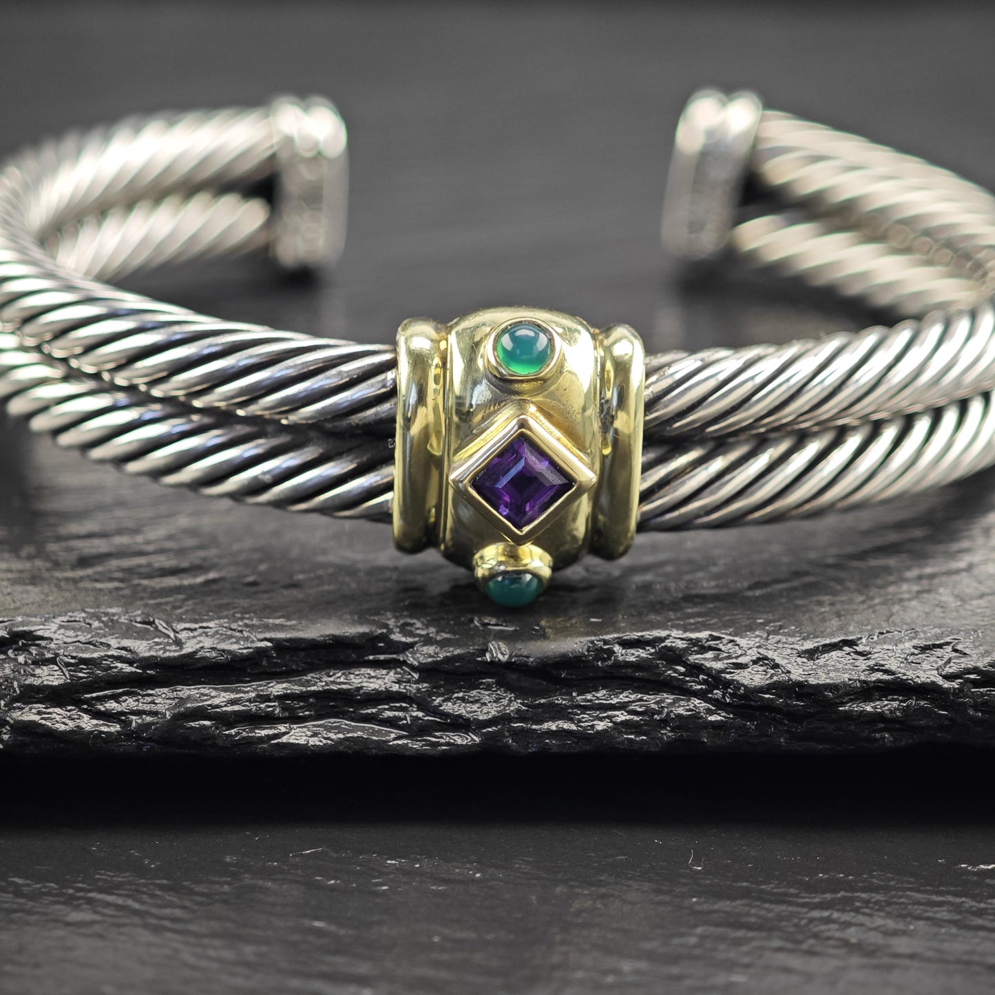 David Yurman Renaissance Cuff Bracelet 10mm 14K Gold Accent Sterling Silver Amethyst