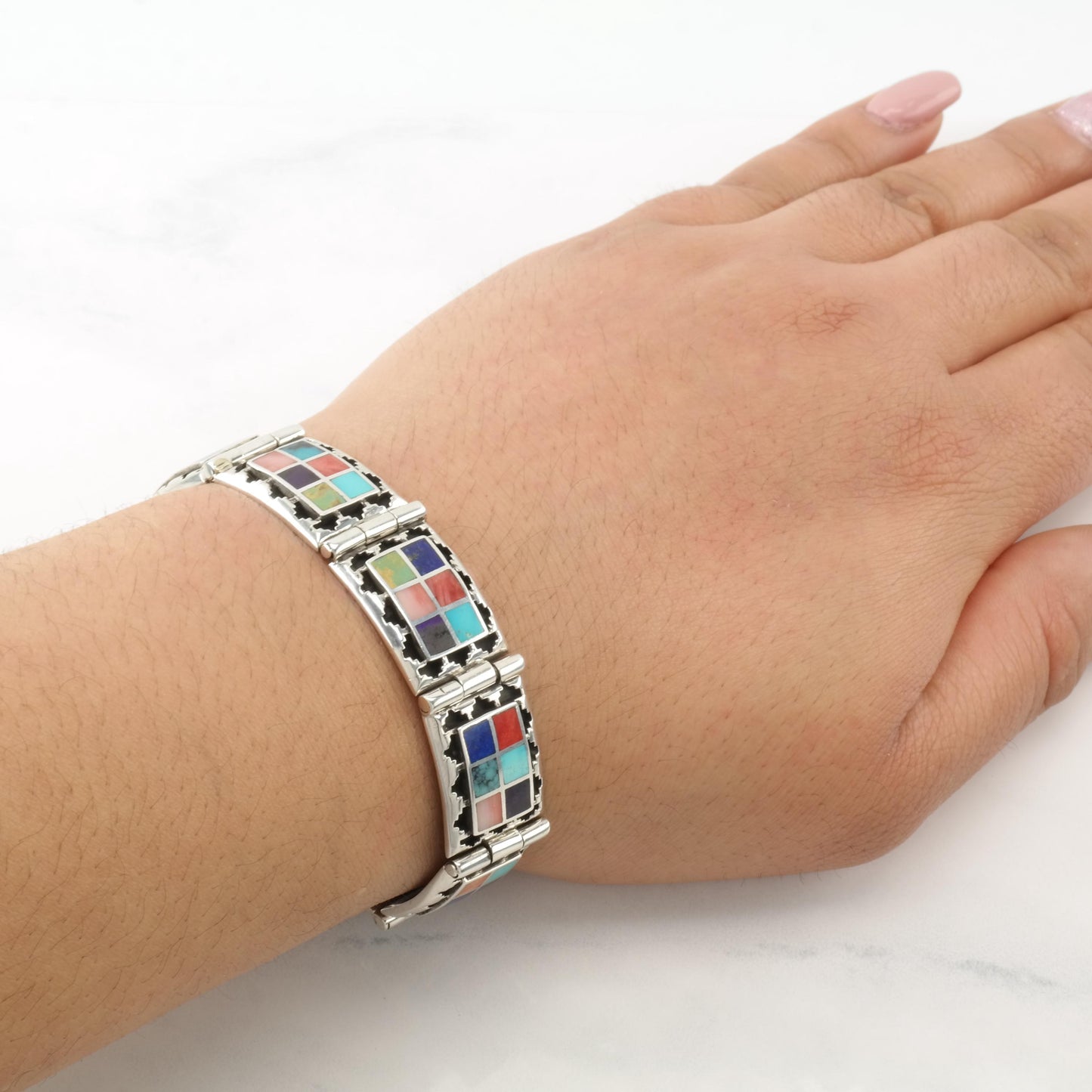 Teme Inlay Sterling Silver Bracelet Turquoise Coral Lapis Shadow Box