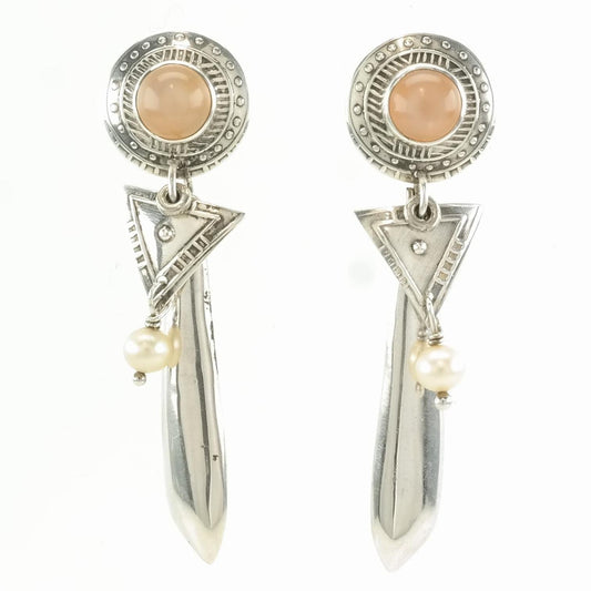 Vintage Sterling Silver Stud, dangle Earrings Peach Pearl Stamped