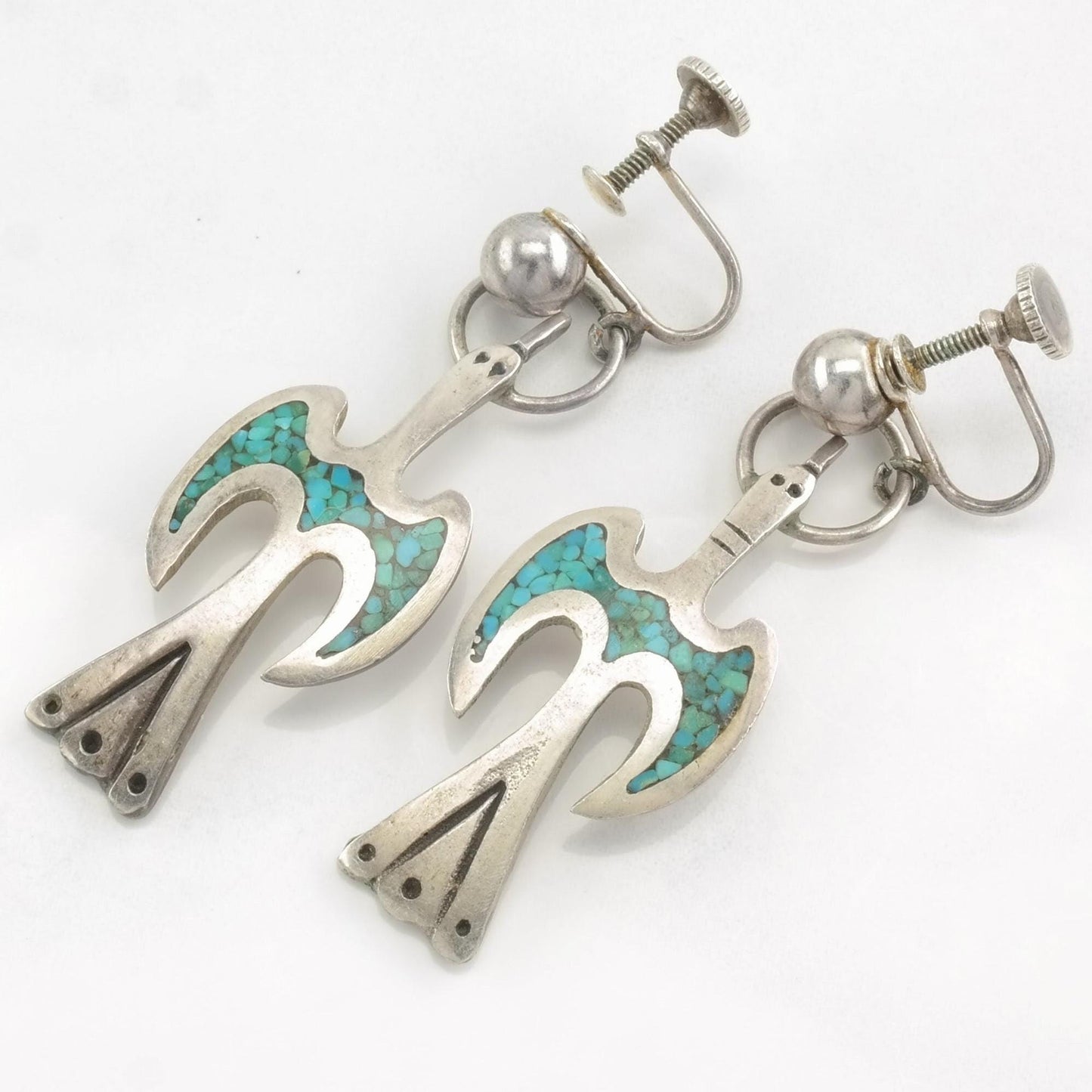 Native American Sterling Silver Blue Crushed Turquoise Inlay Bird Earrings Screwback, Dangle