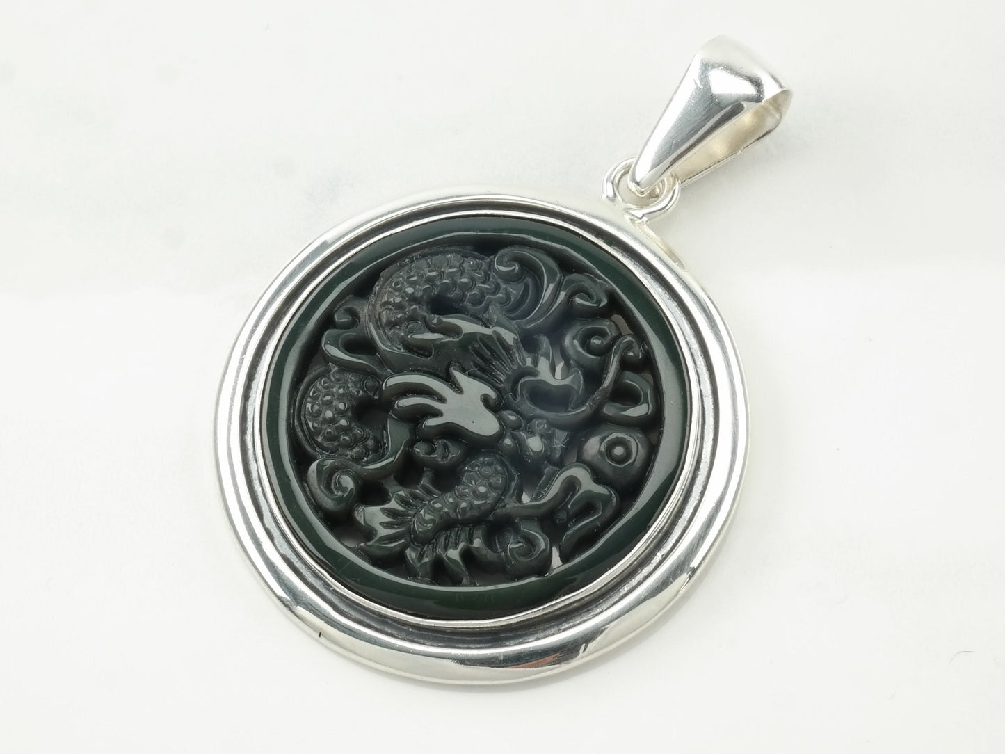 Vintage Carved Gemstone Dragon Sterling Silver Dark Green Pendant