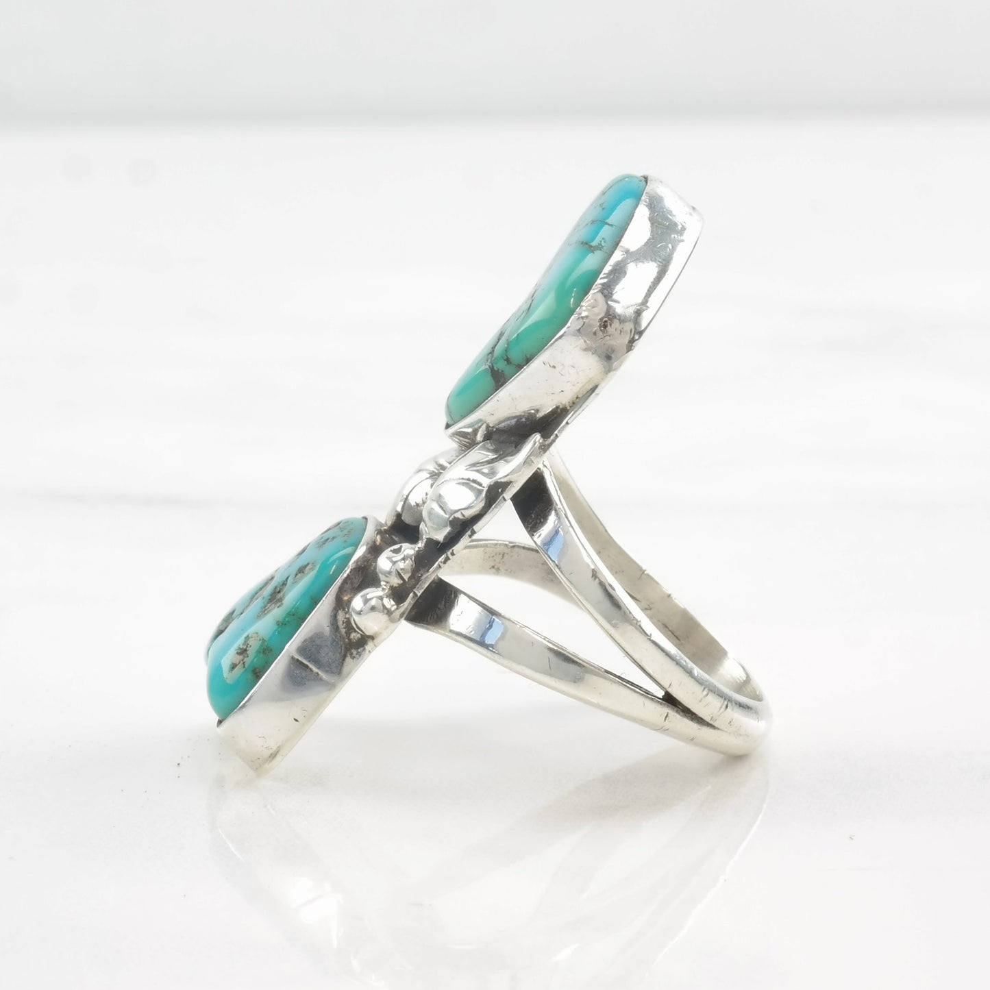 Vintage Native American Ring Two Stone Turquoise, Feather, Leaf Sterling Silver Size 7