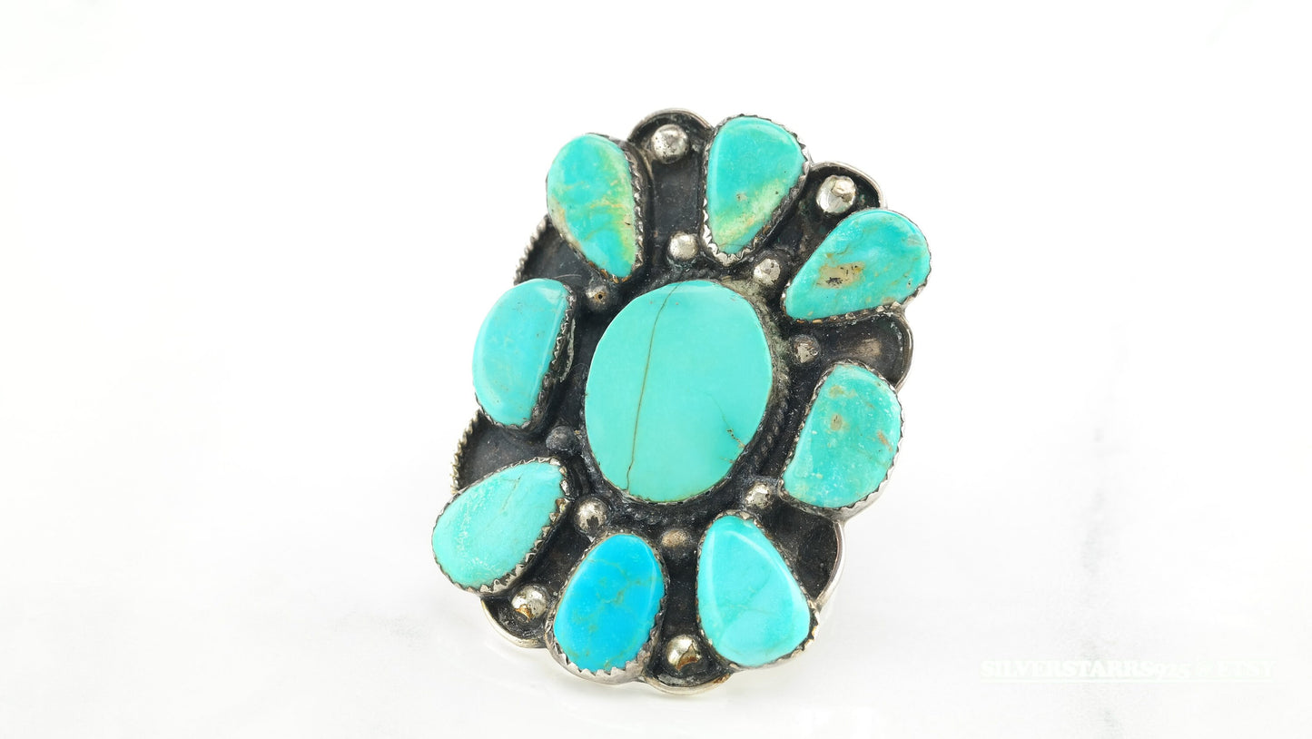 Vintage Native American Cluster Sterling Silver Ring Size 10 Blue Turquoise Shield