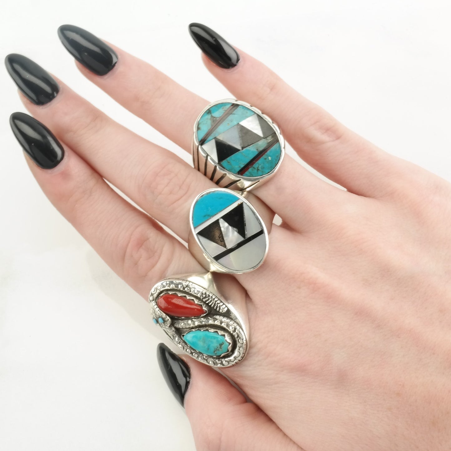 Vintage Native American Silver Ring Turquoise, Onyx, MOP Inlay Sterling Blue, Black, White Size 12 3/4