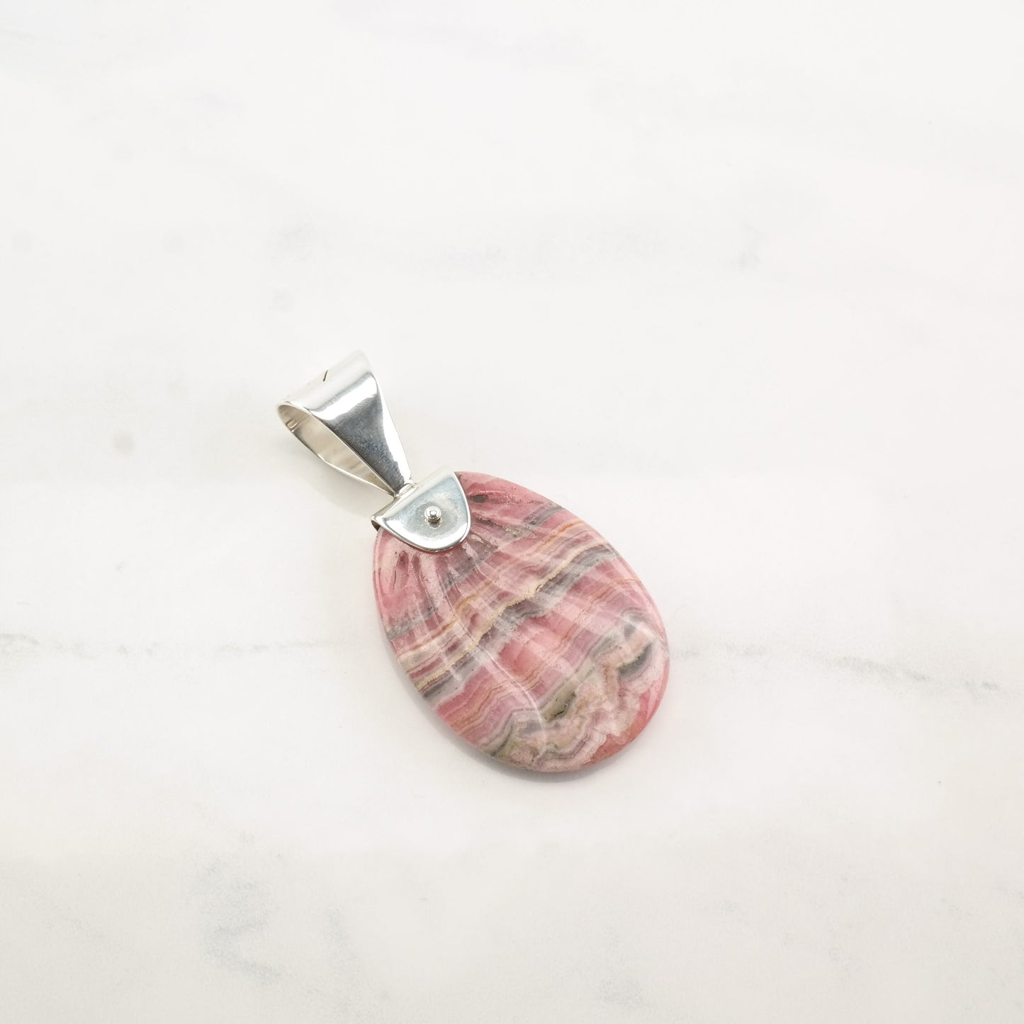 Vintage DTR Rhodochrosite Oval Shell Carved Sterling Silver Pendant