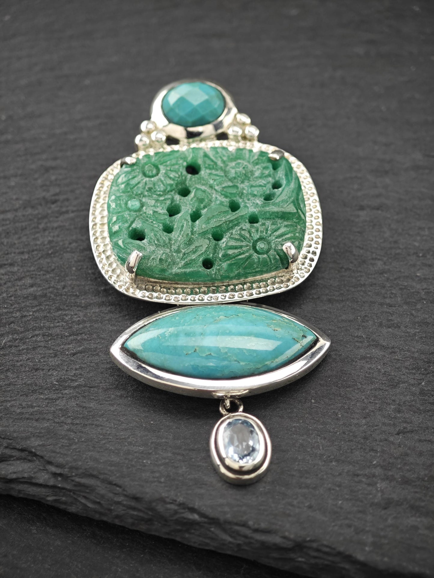 AKR Pendant Turquoise Carved Jade Quartzite Brooch Sterling Silver