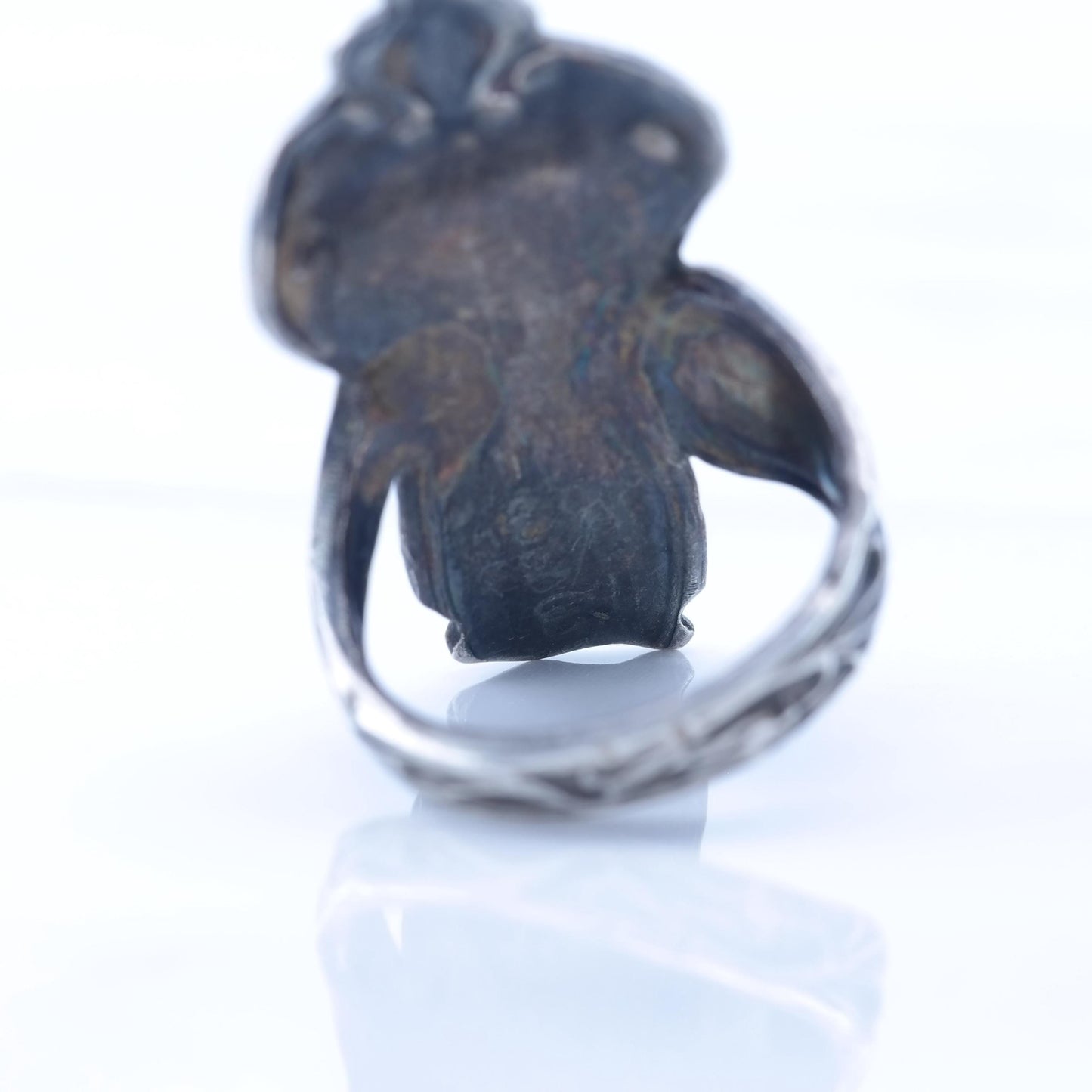 Art Nouveau Style Silver Ring Spoon, Women Face Floral Sterling Sz5 3/4 R5424