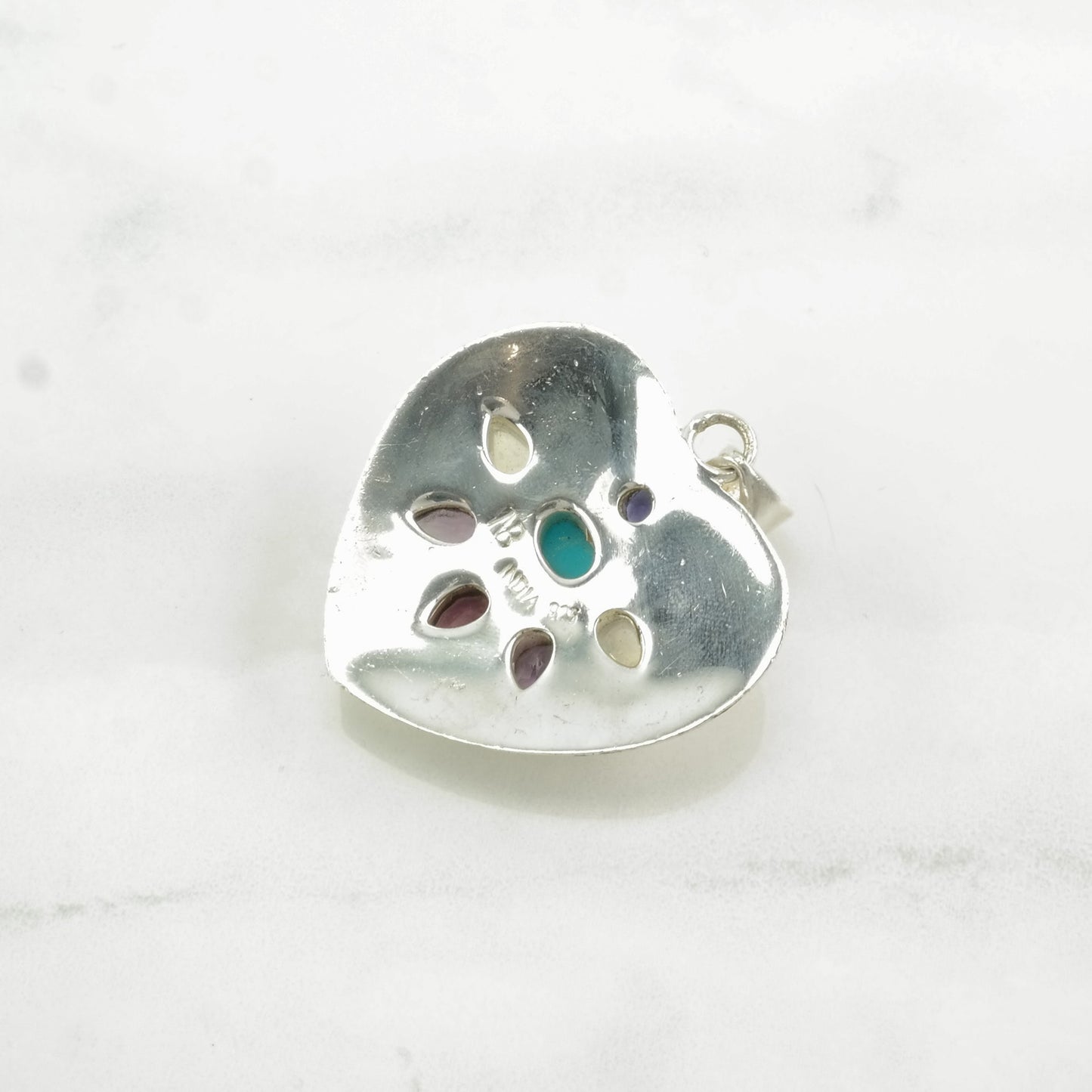 Vintage Nicky Butler Turquoise, Onyx, Moonstone, Garnet Heart Sterling Silver Pendant