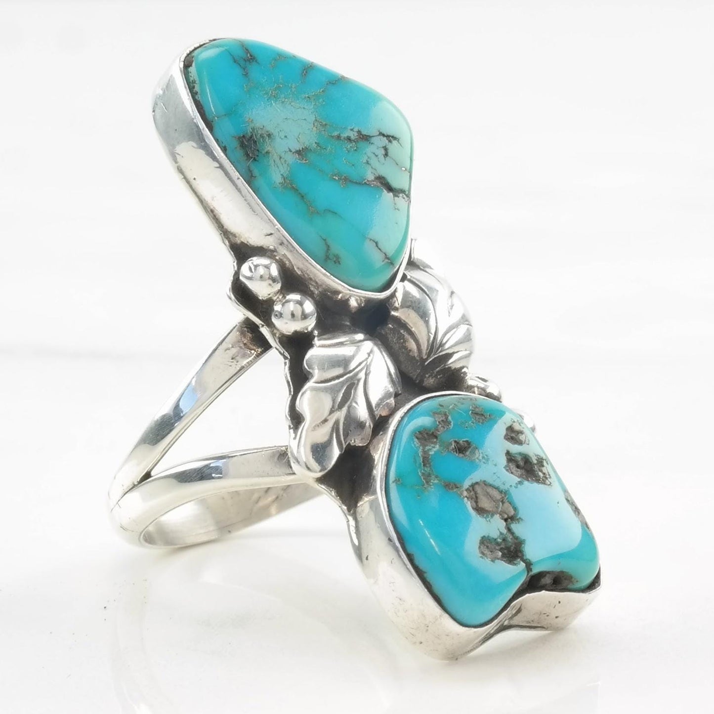 Vintage Native American Ring Two Stone Turquoise, Feather, Leaf Sterling Silver Size 7