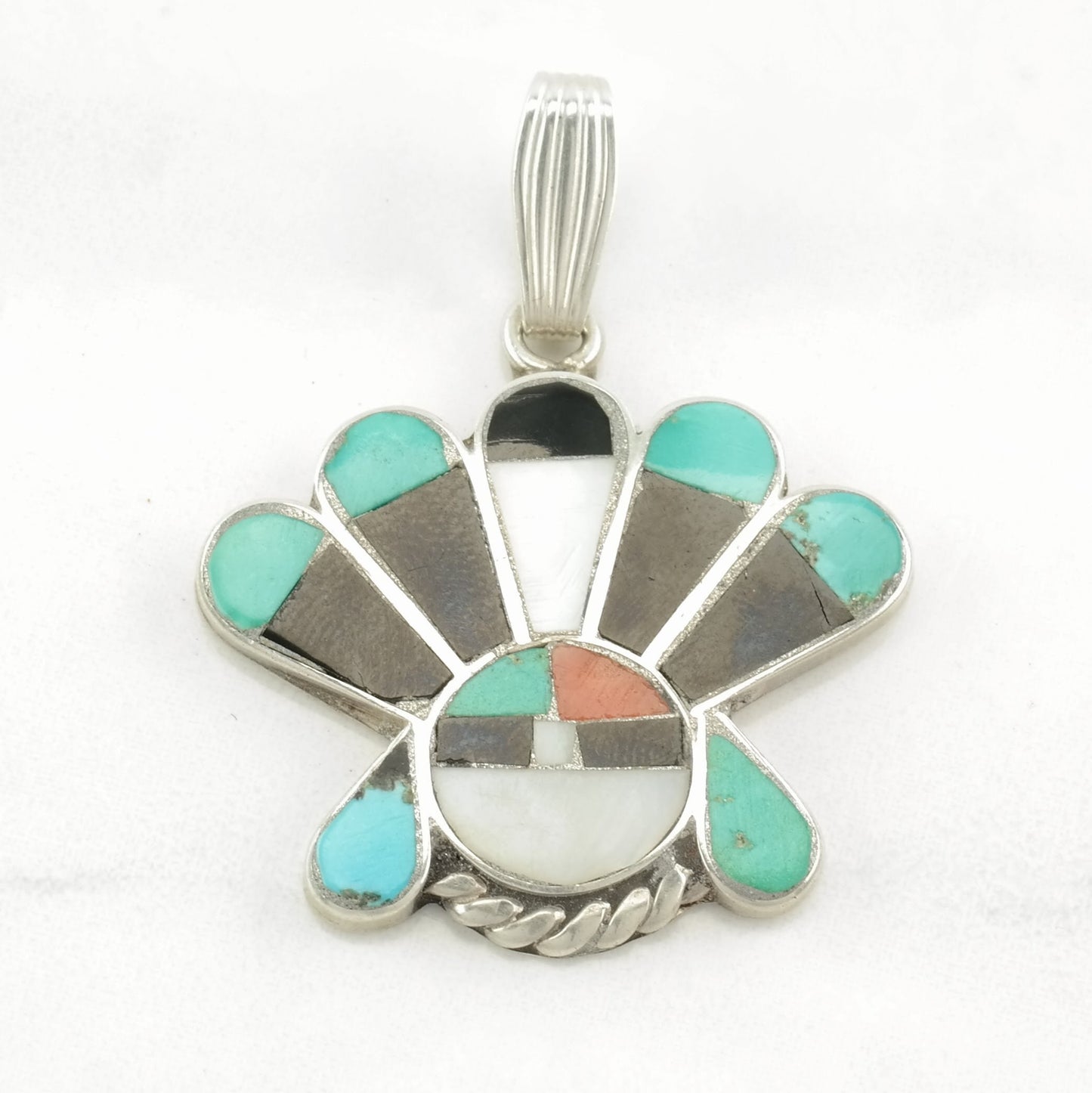 Vintage Native American Multi Gemstone Inlay, Sunface Sterling Silver Pendant