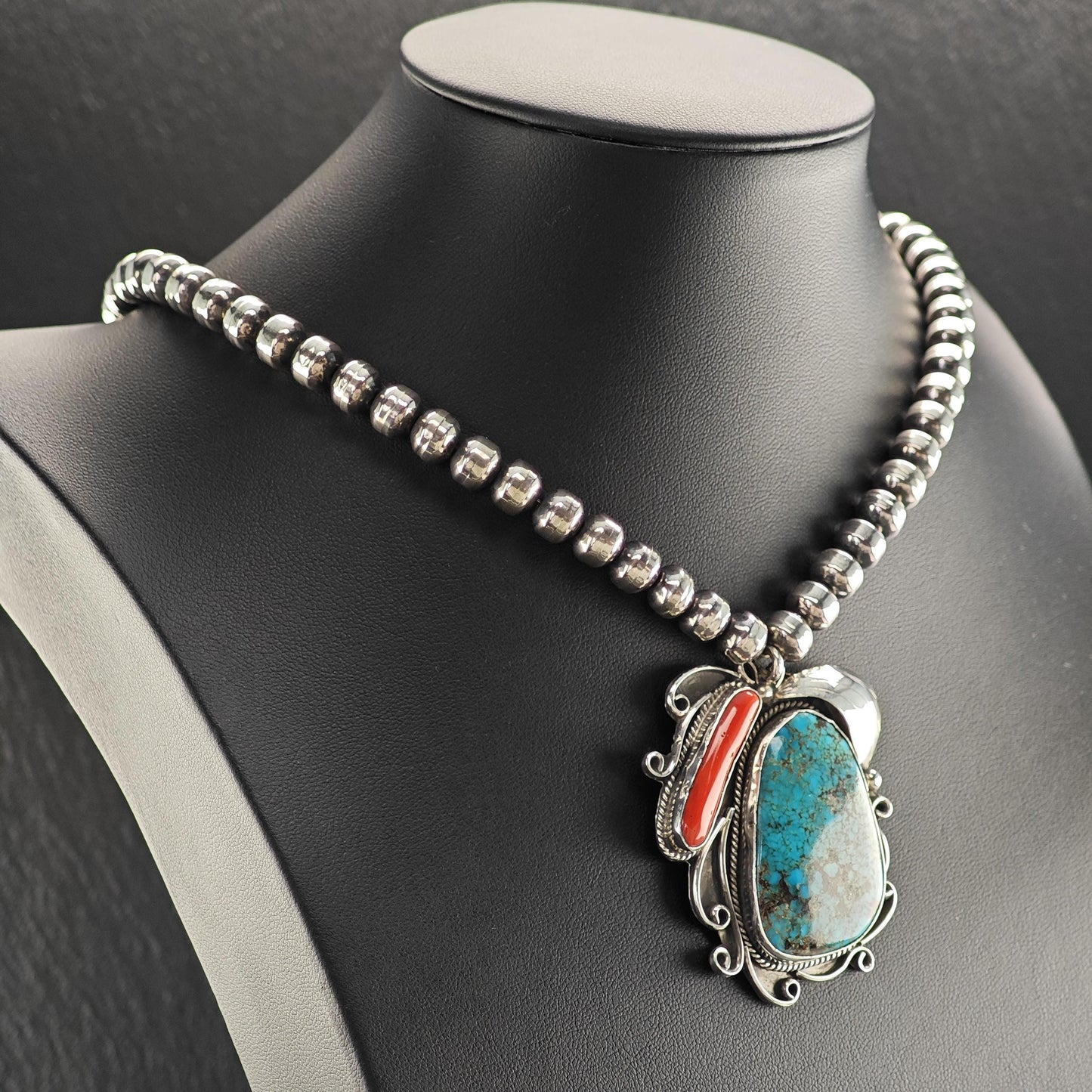 Native American Turquoise, Coral Beaded Necklace in Sterling Silver