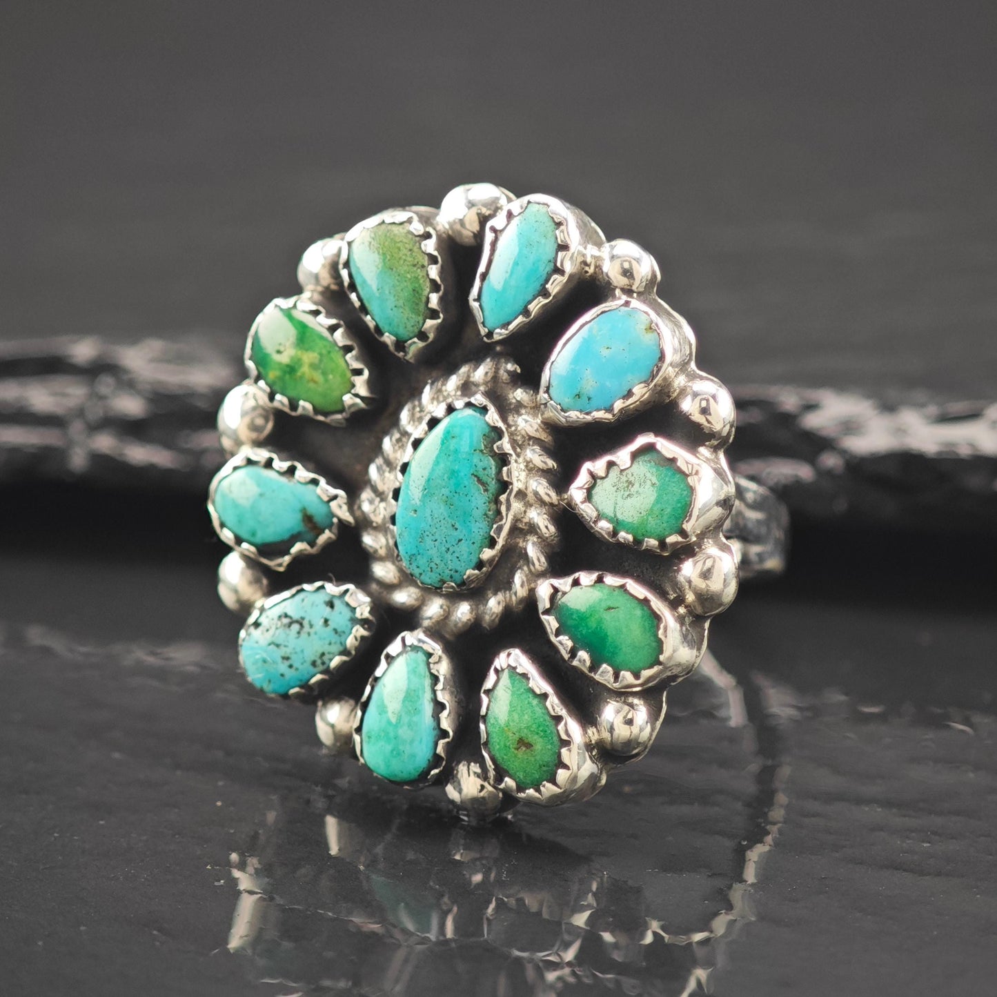 Native American Cluster Turquoise Ring Sterling Silver